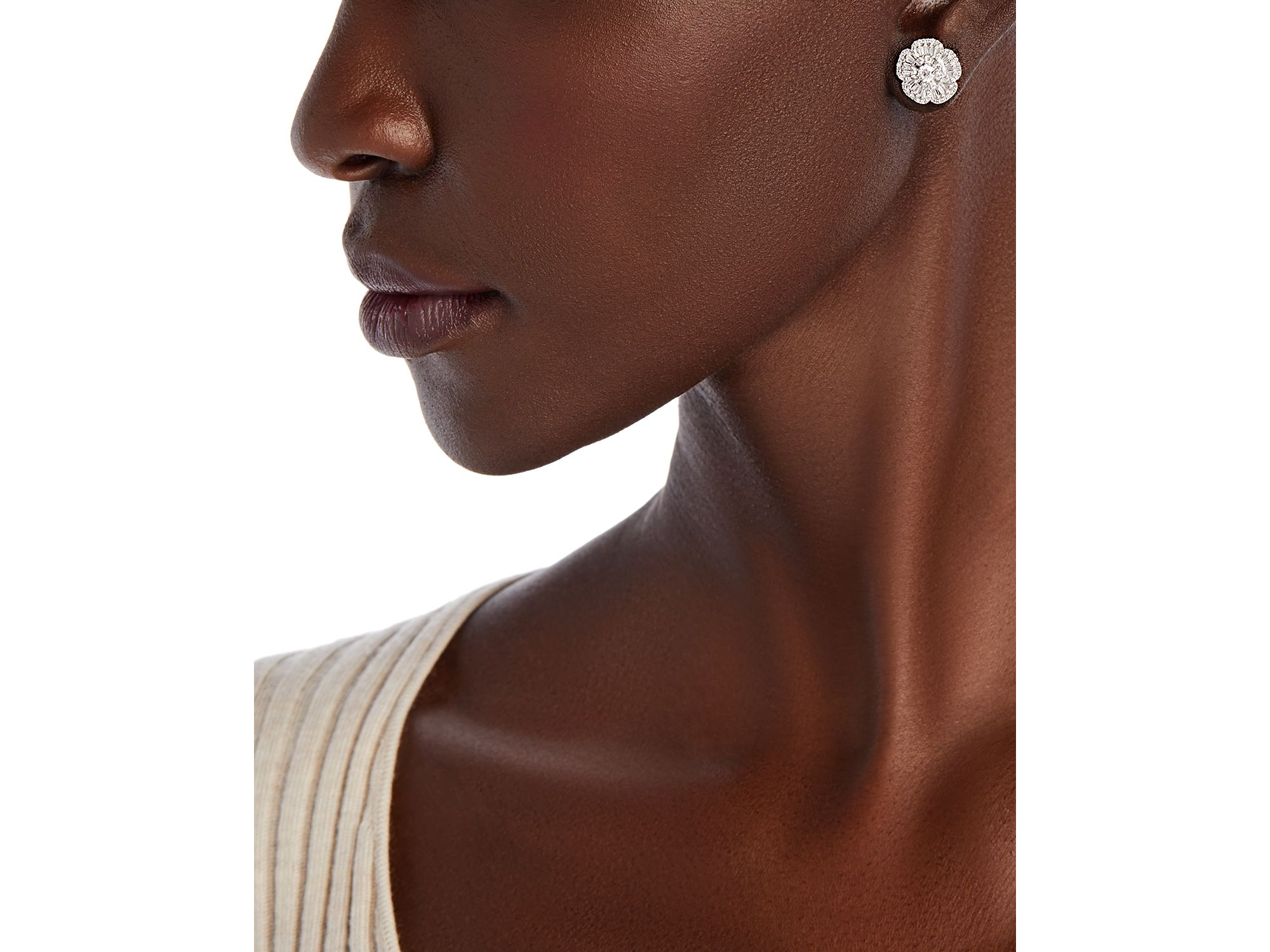 Diamond Round & Baguette Flower Stud Earrings in 14K White Gold, 1.0 tcw — Image 4