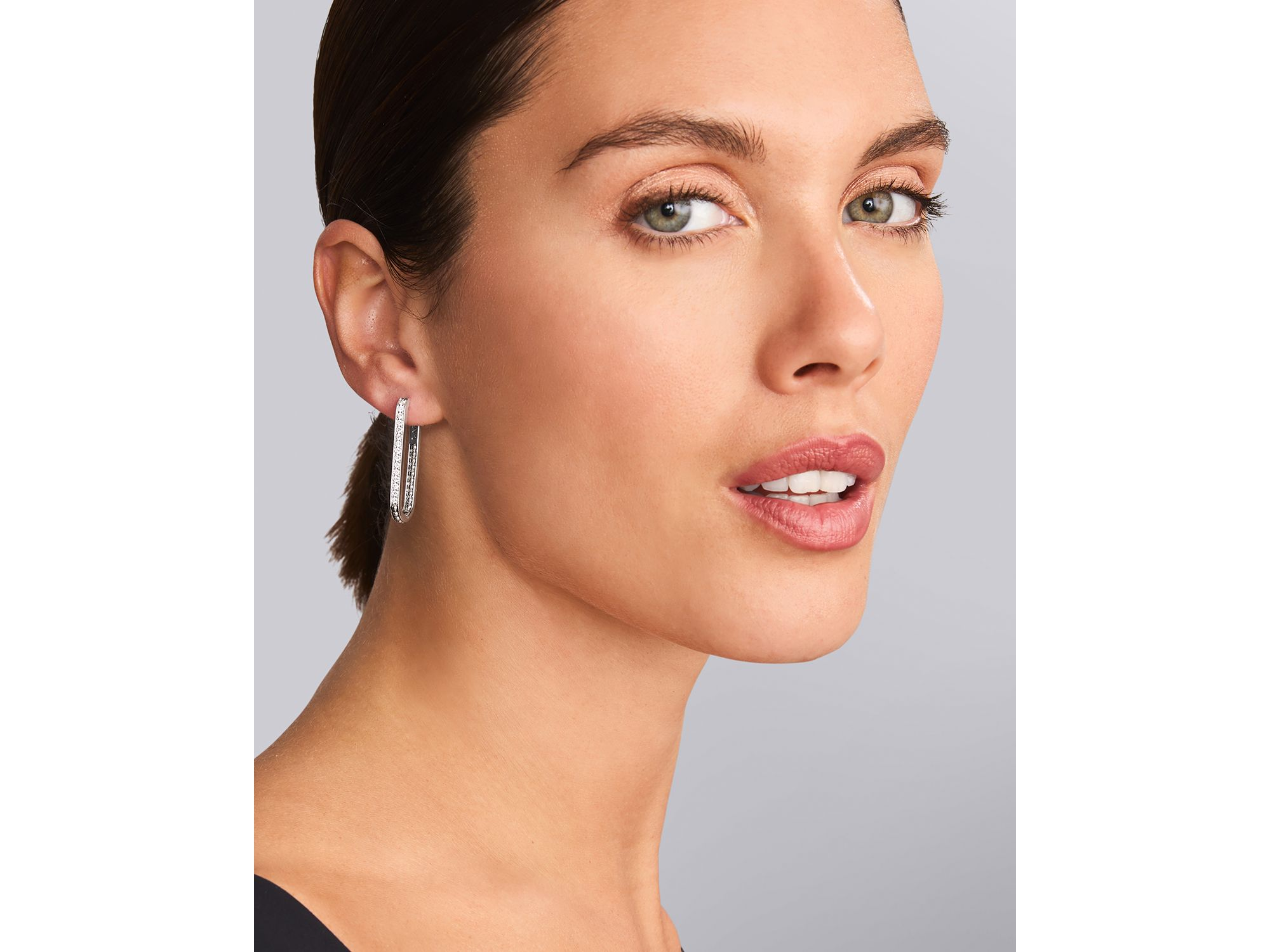 14K Yellow Gold & Sterling Caviar Spark Diamond Medium Oval Hoop Earrings — Image 3