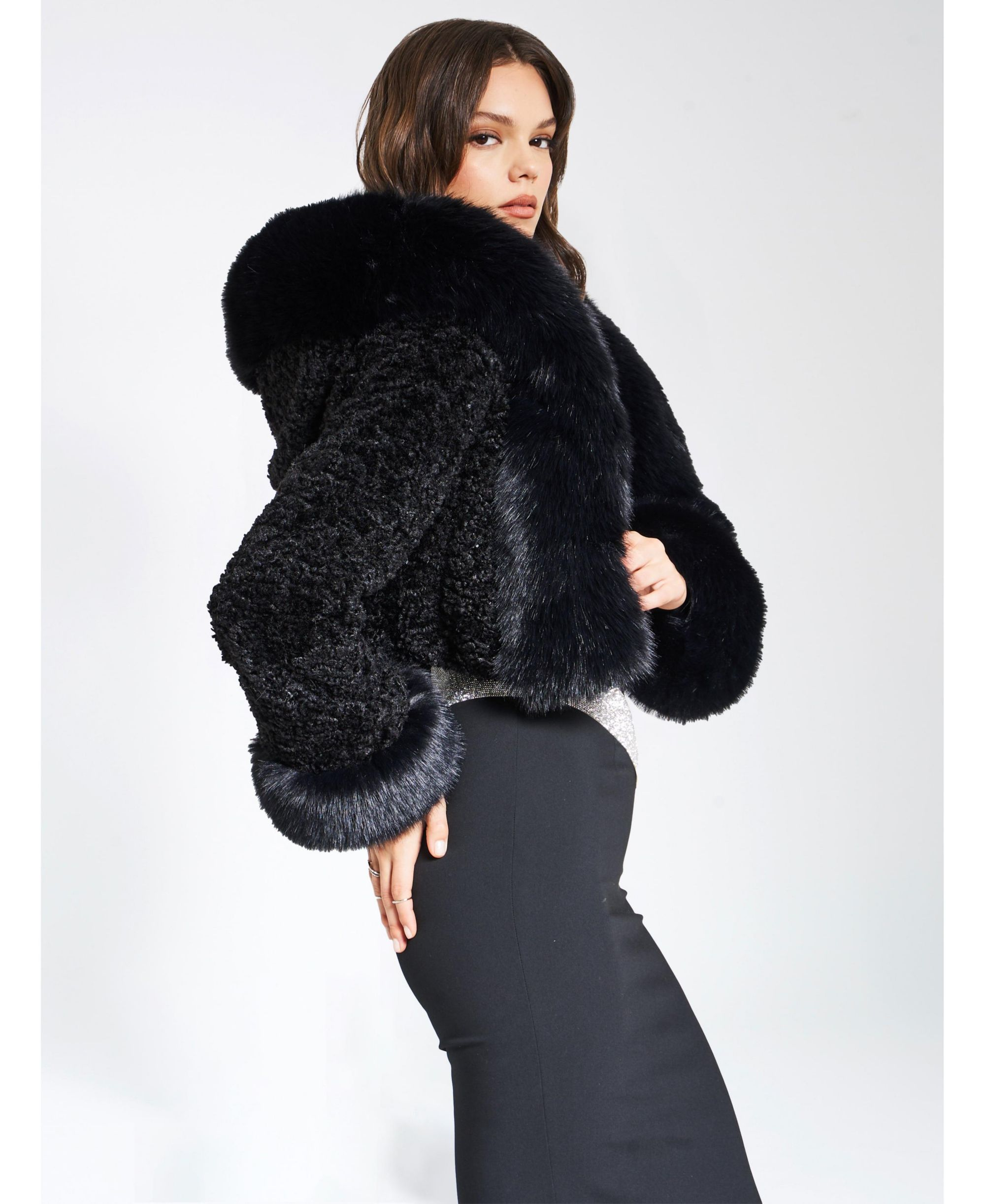 Kali Faux Fur Cropped Jacket with Hood — Image 4