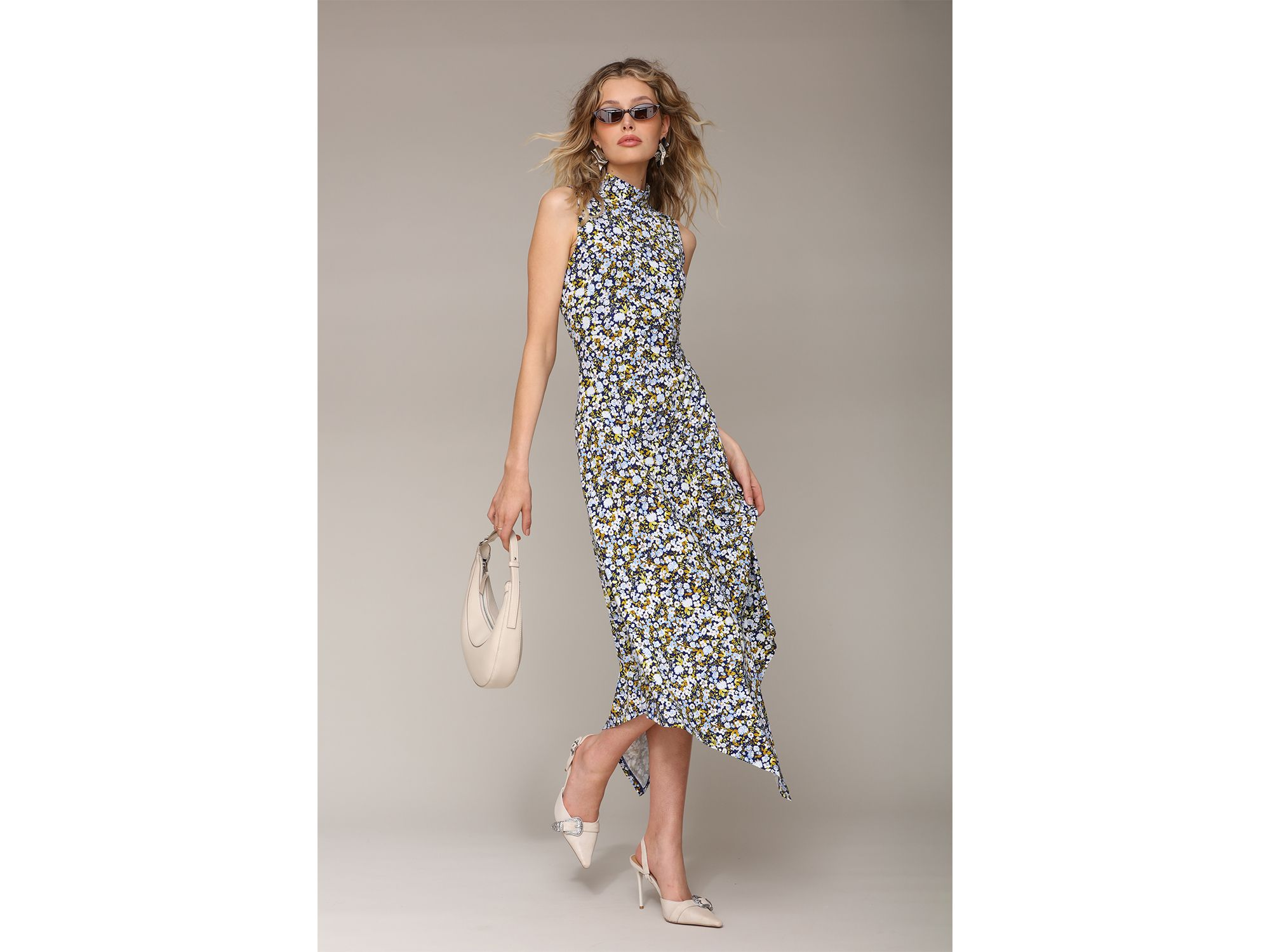 Printed Mock Neck Asymmetric Midi Dress — Image 7