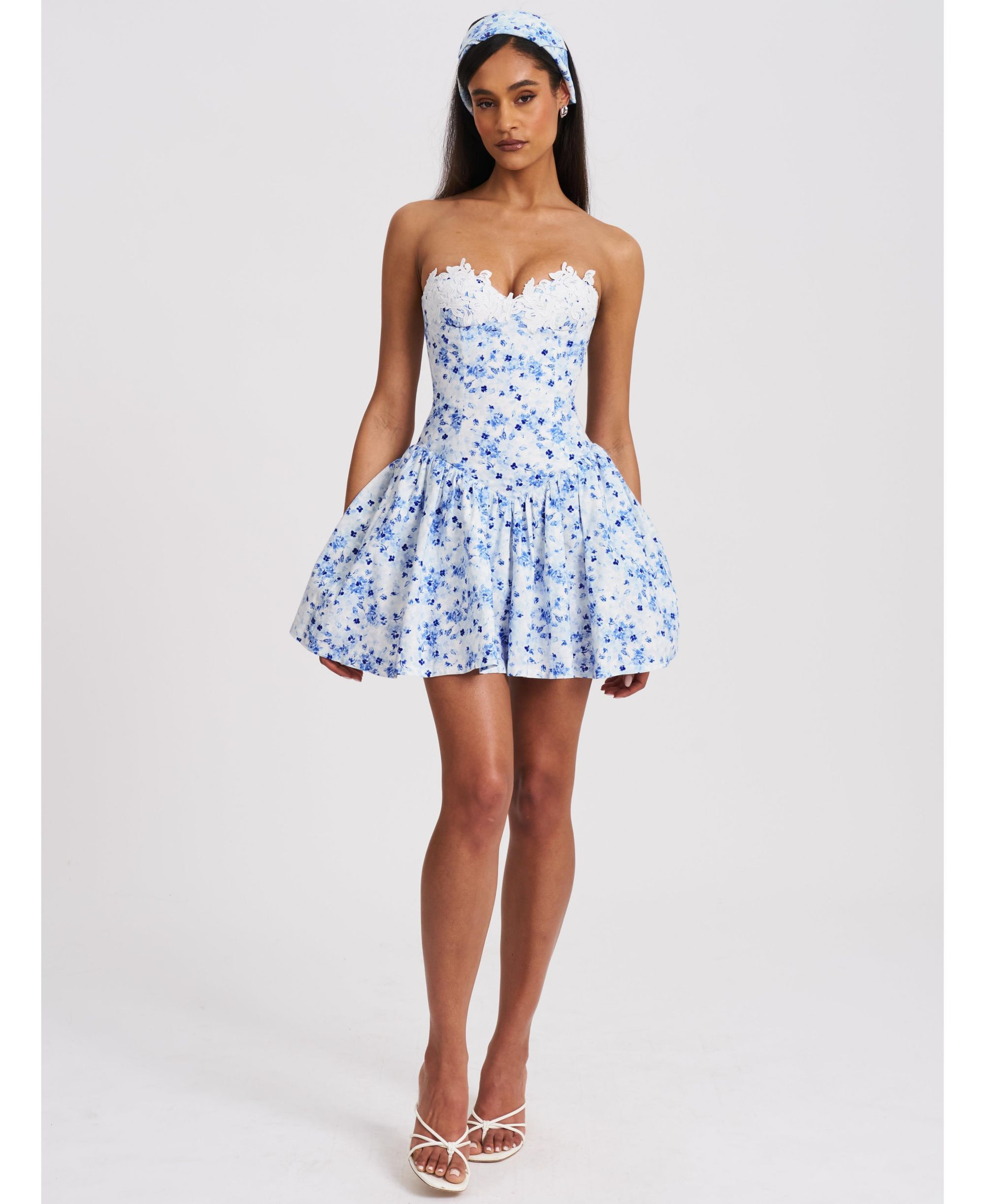 Taleah Floral Print Linen Mini Dress with Lace Trim — Image 3