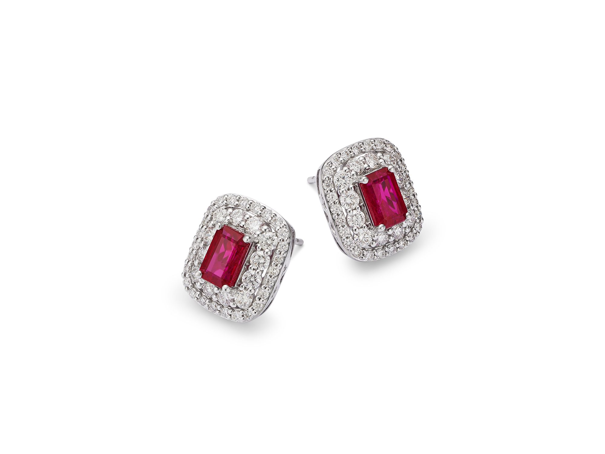 Ruby & Diamond Double Halo Statement Stud Earrings in 14K White Gold — Image 3