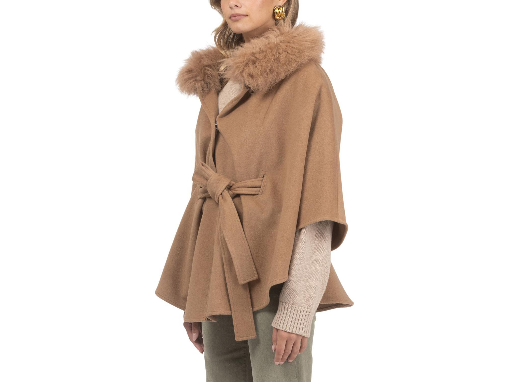 Wool Belted Cape with Lamb Collar — Image 4