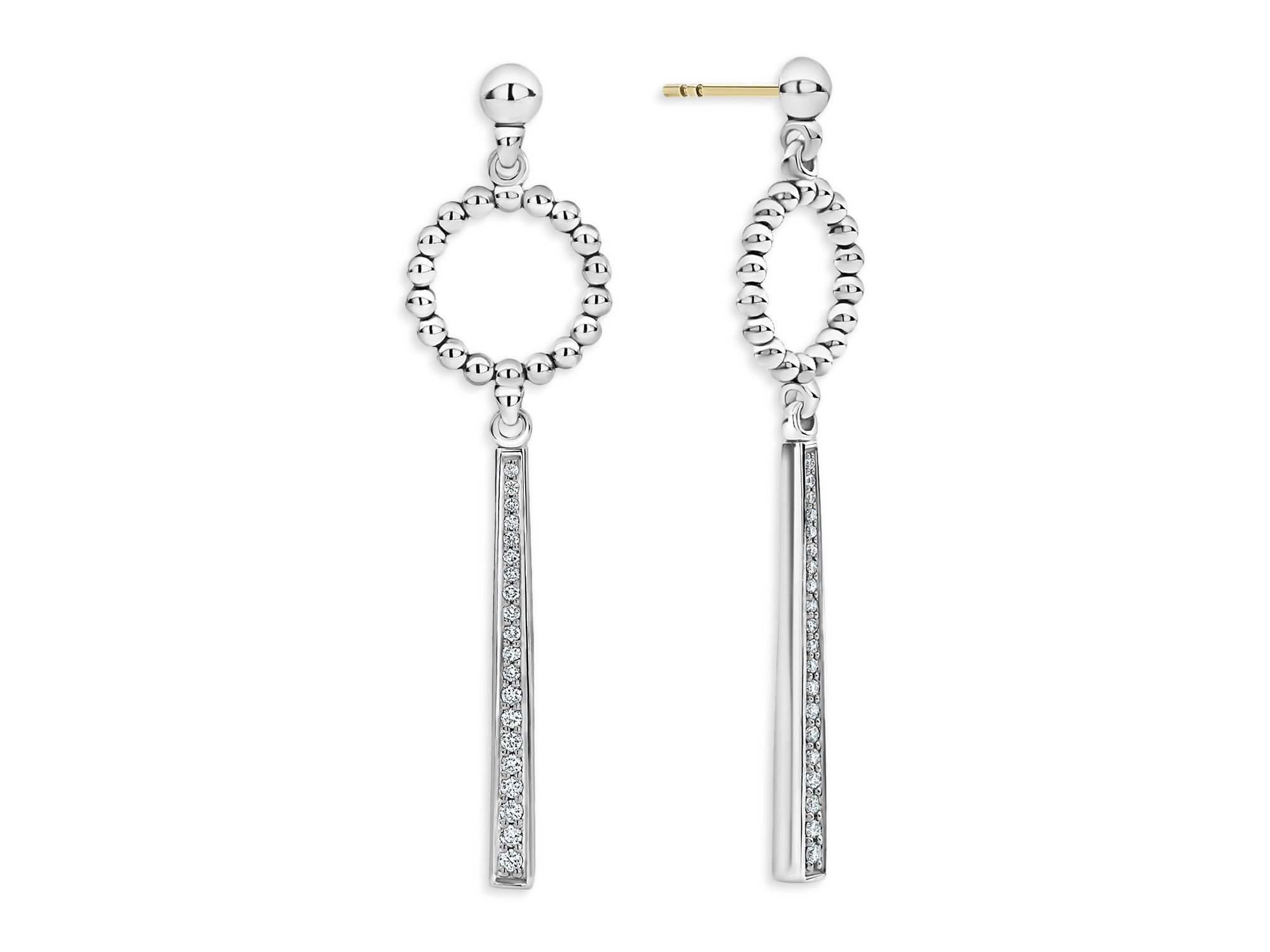 Sterling Caviar Spark Diamond & Bead Circle Linear Drop Earrings — Image 4