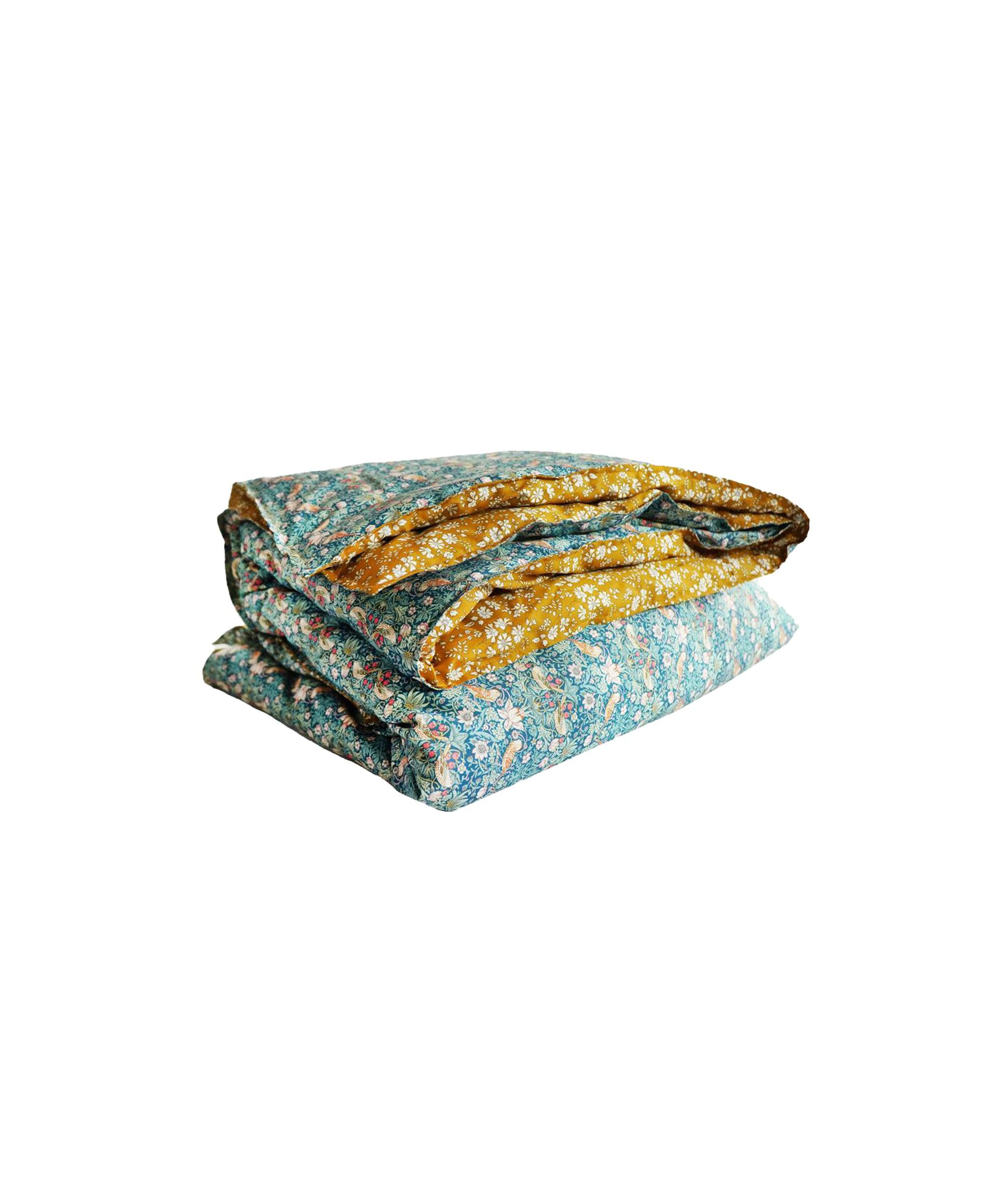 Liberty Fabric Strawberry Thief & Capel Mustard Print Heirloom Quilt, Crib — Image 3