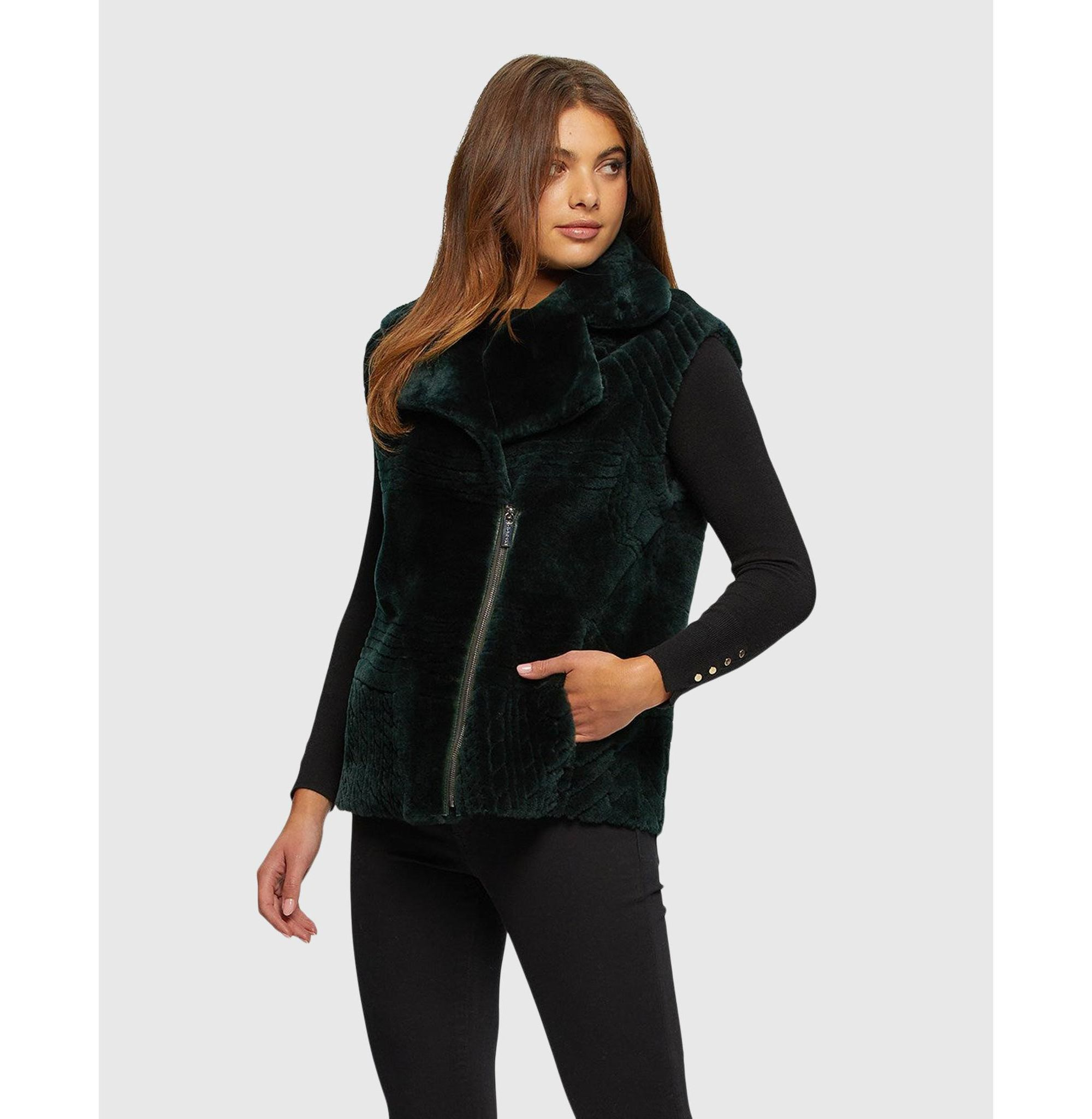 Shearling Lamb Zip Vest with Grooved Pattern — Image 3
