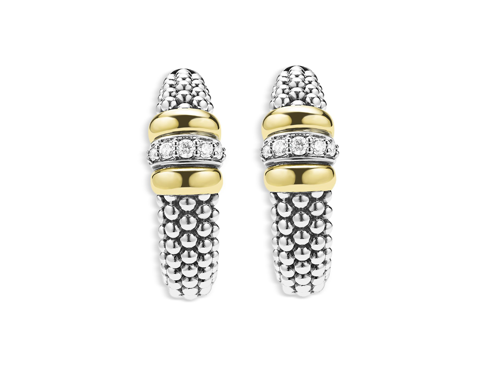 18K Yellow Gold & Sterling Signature Caviar Diamond Beaded Hoop Earrings — Image 3
