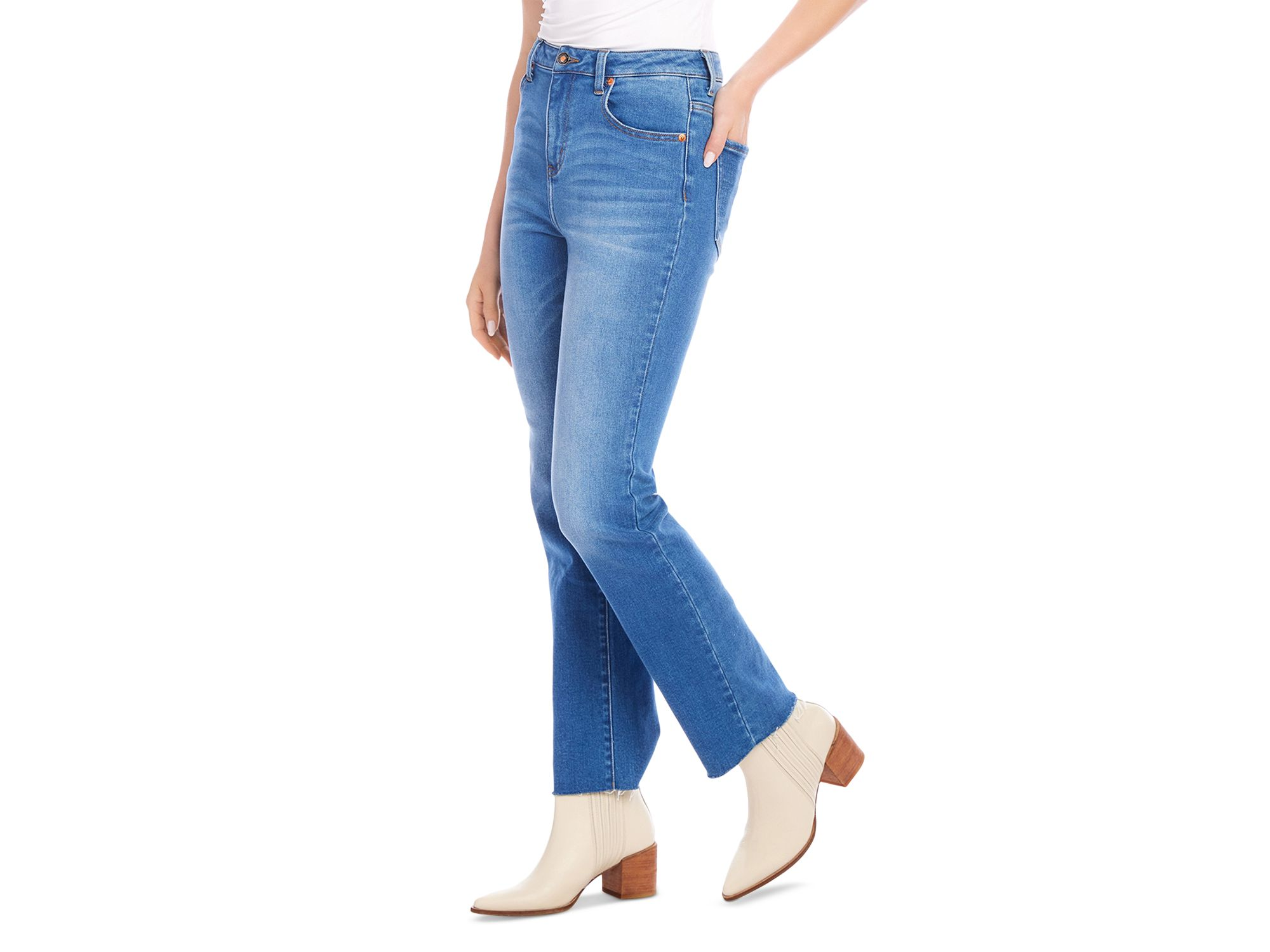 Petite High Rise Raw Hem Straight Jeans in Denim — Image 3