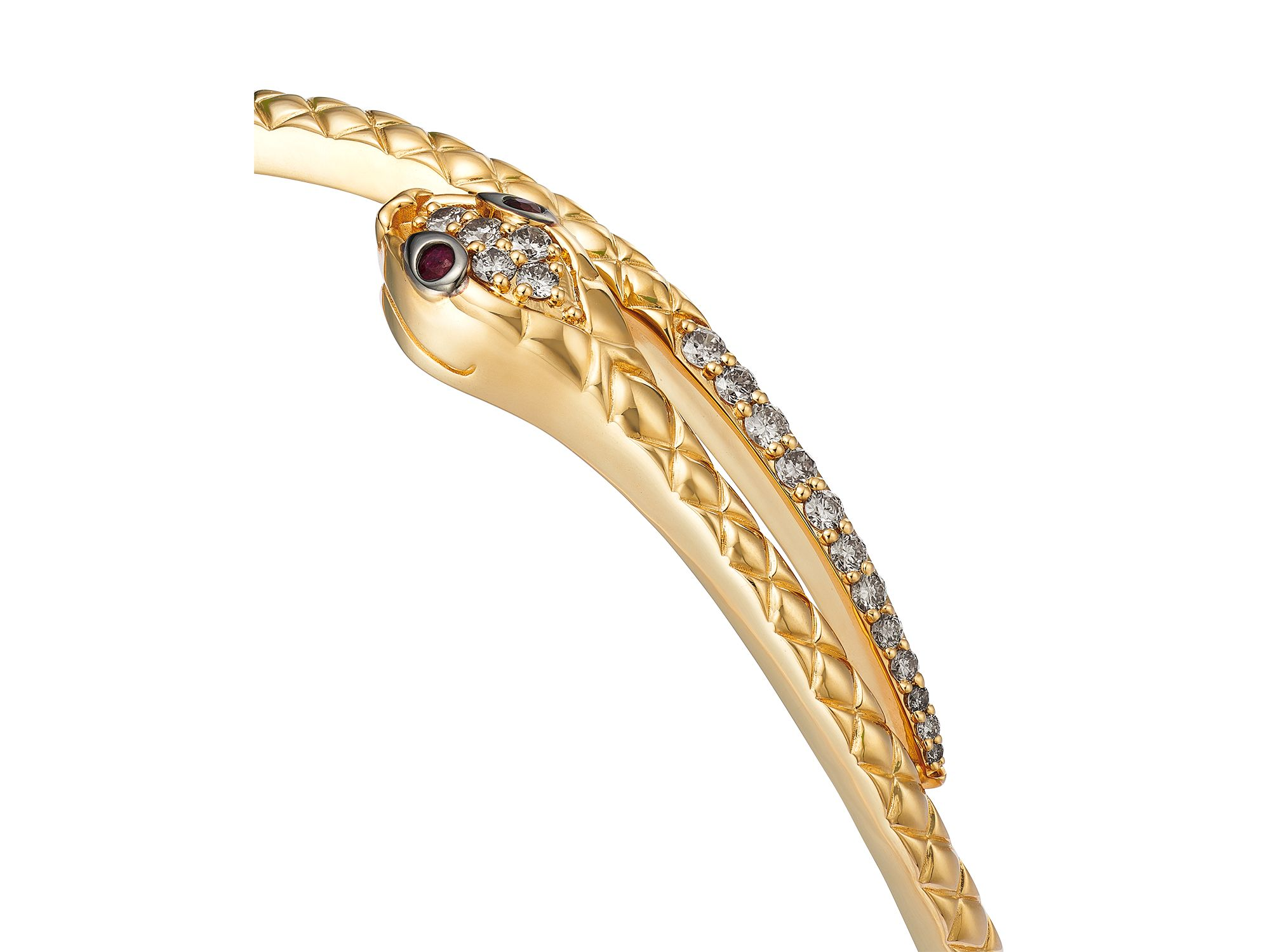 Ruby & Diamond Textured Snake Bangle Bracelet in 14K Yellow Gold — Image 3