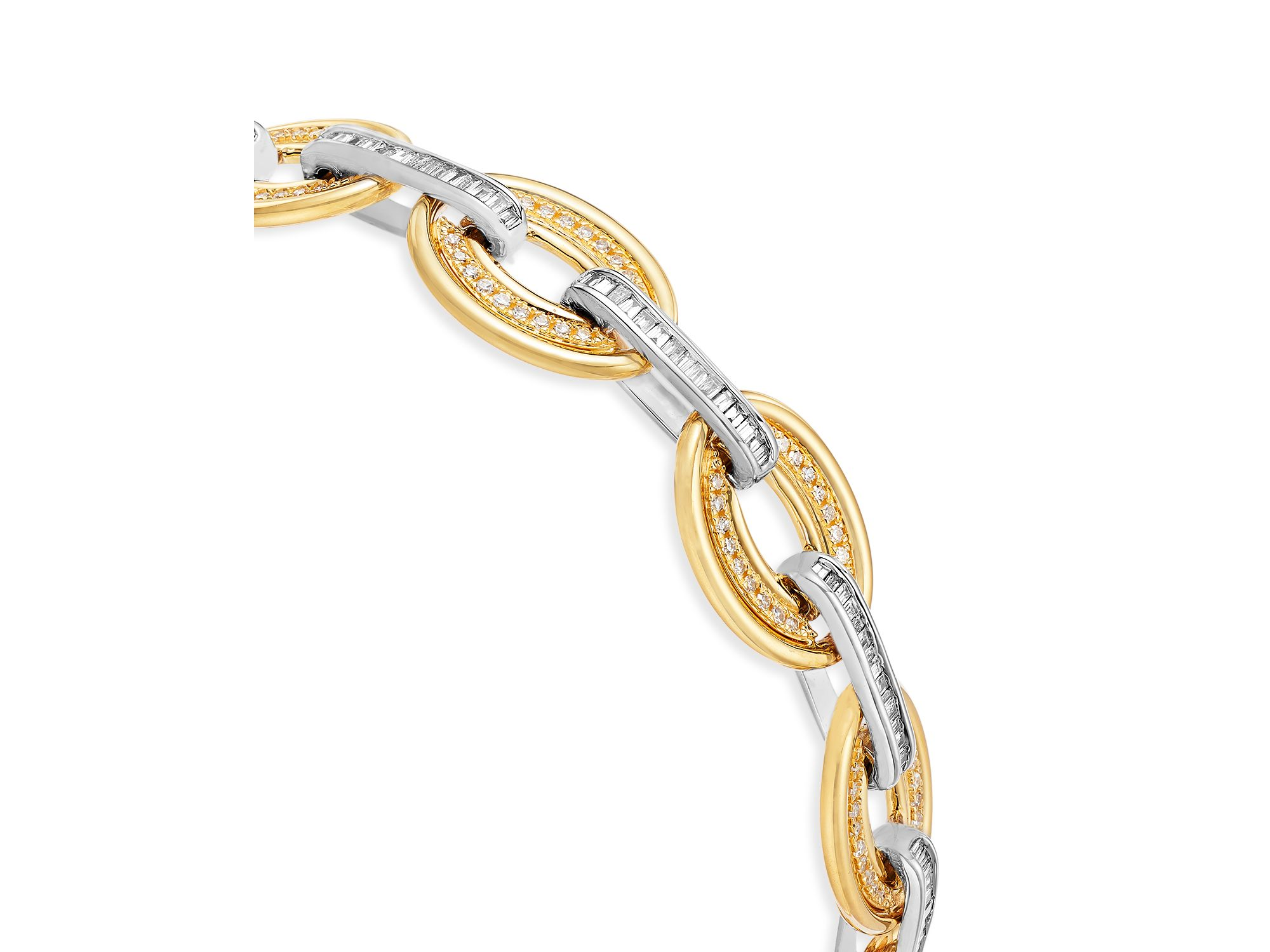 Diamond Round & Baguette Chain Link Bracelet in 14K White & Yellow Gold, 1.25 tcw — Image 3
