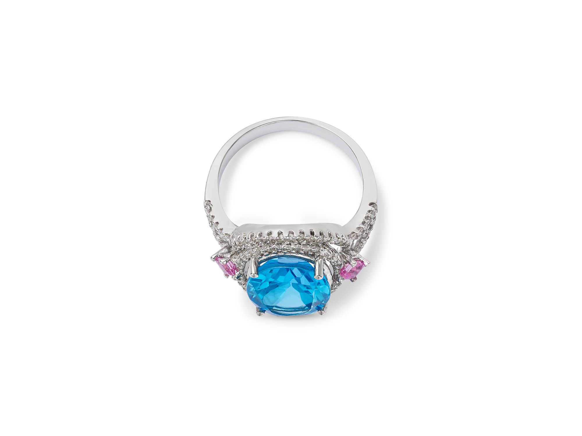 Blue Topaz, Pink Sapphire & Diamond Halo Ring in 14K White Gold — Image 3