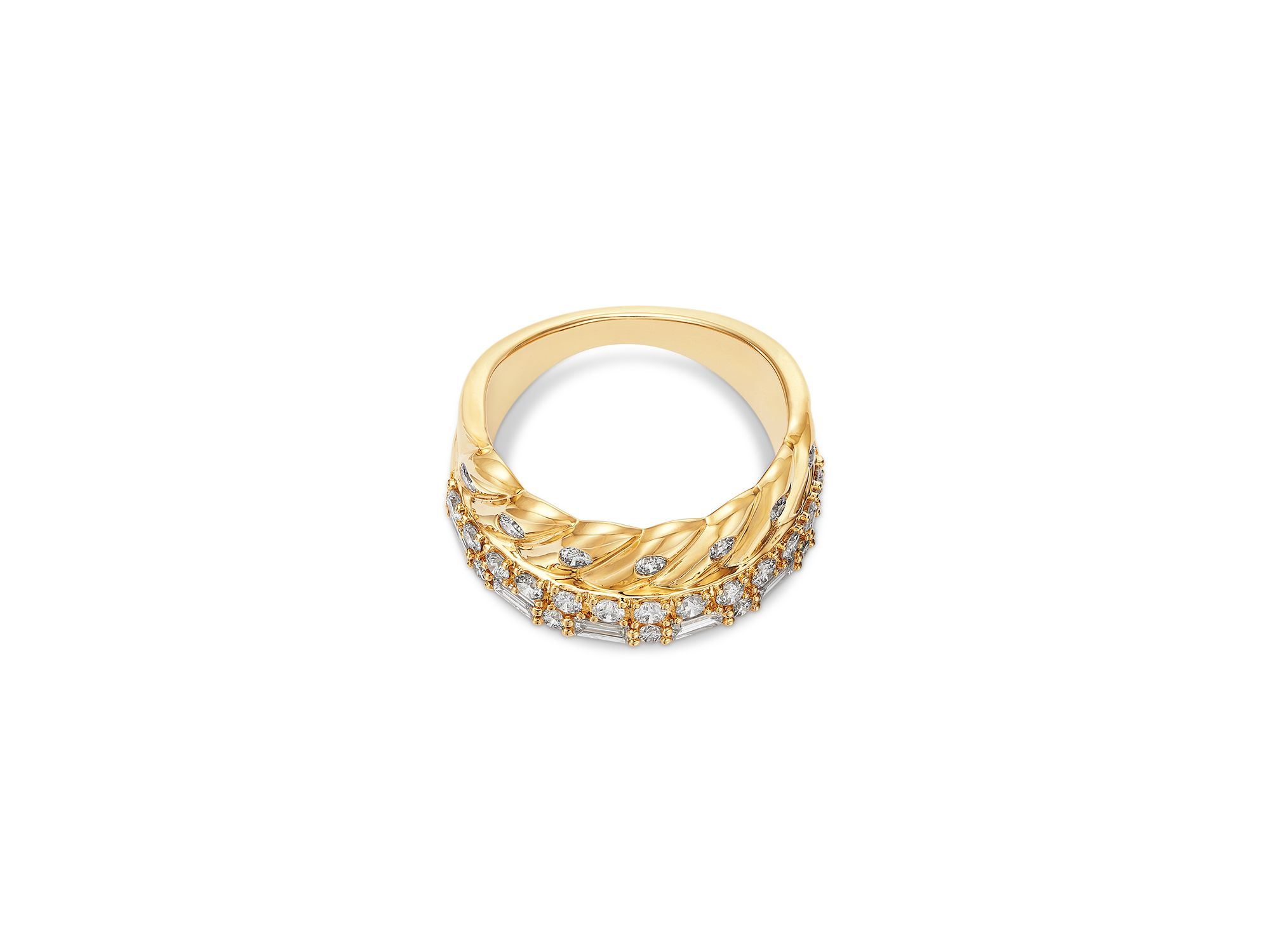 Diamond Round & Baguette Three Row Stack Look Ring in 14K Yellow Gold, 1.0 tcw — Image 3