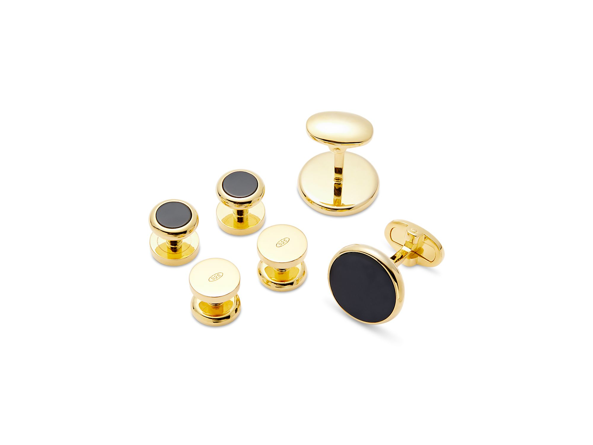 Gold-Tone Round Black Obsidian Stud & Cufflink Set - Image 1