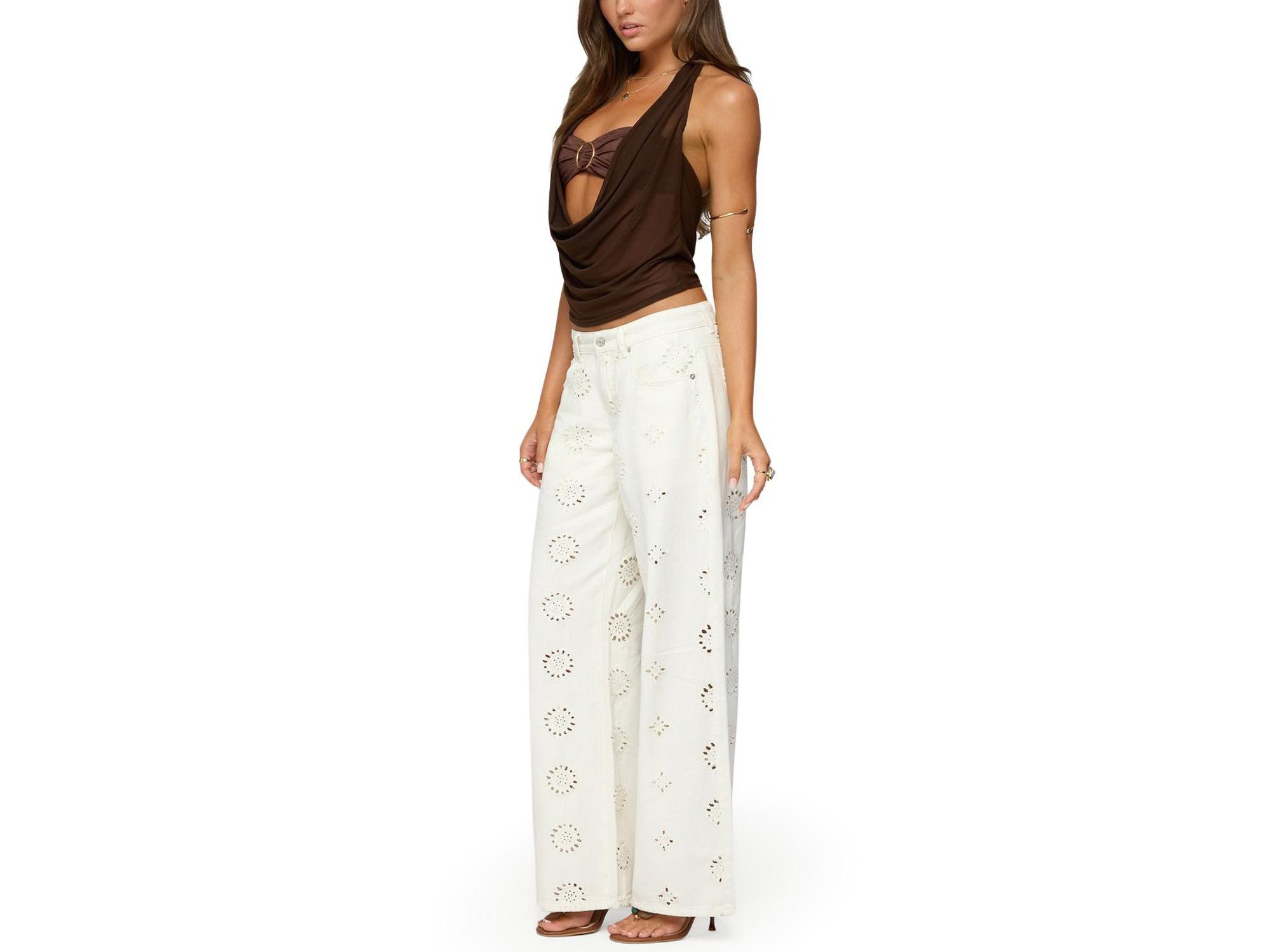 Eyelet Low Rise Wide Leg Jeans in White Wash — Image 3