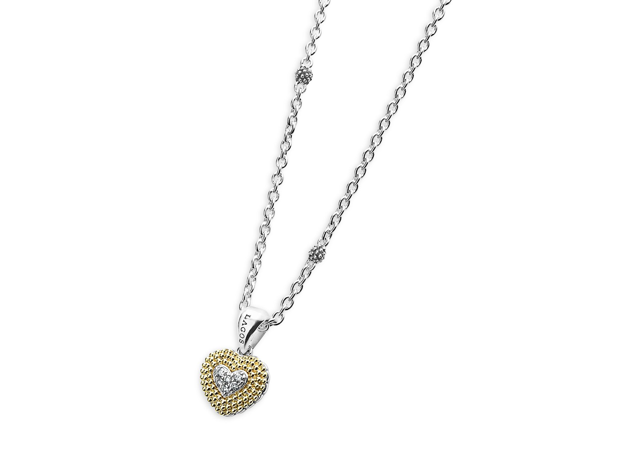 18K Yellow Gold & Sterling Silver Caviar Lux Diamond Heart Pendant Necklace, 16" — Image 3