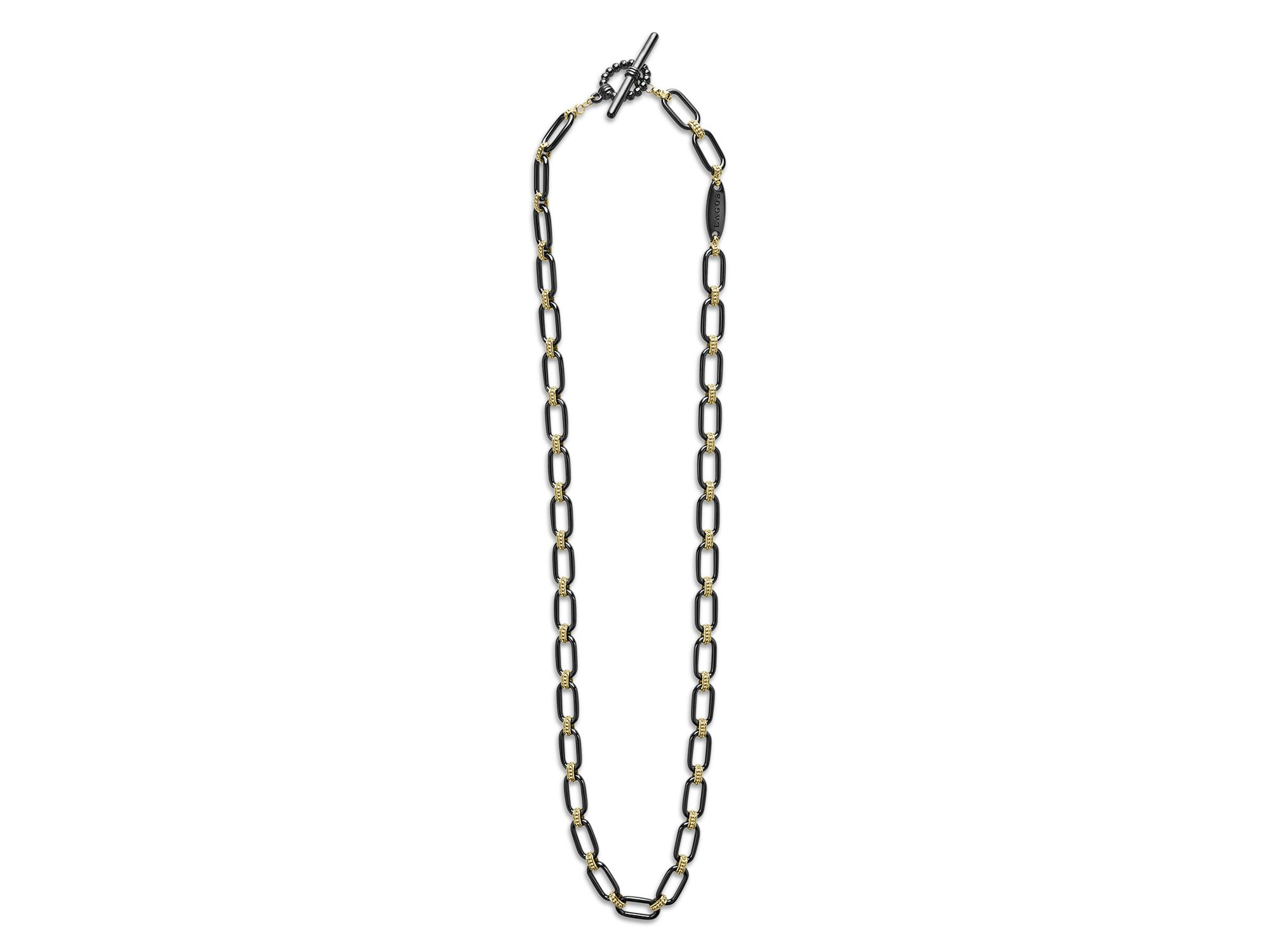 18K Yellow Gold Signature Caviar Black Ceramic Link Necklace, 16-18" — Image 4