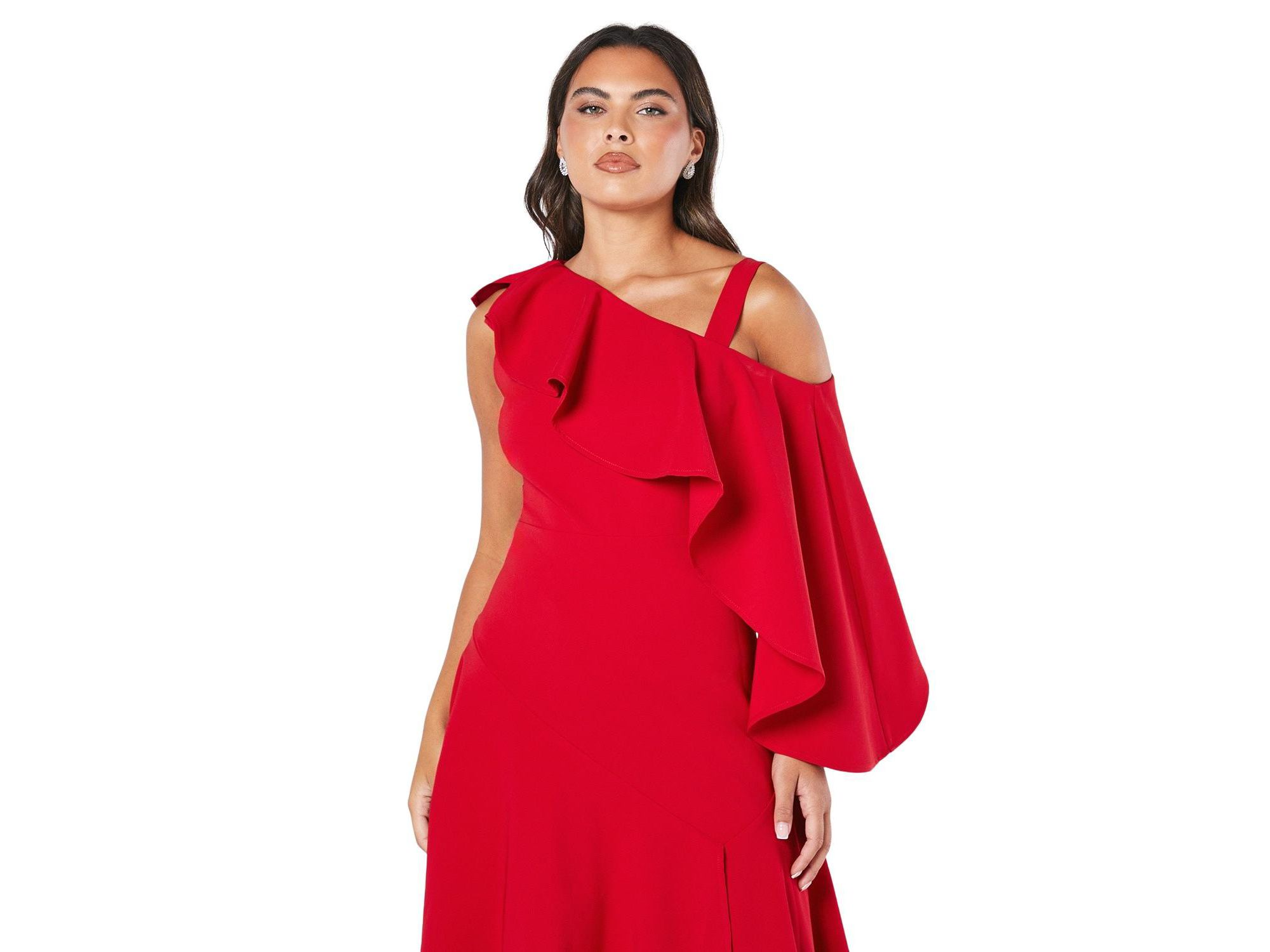 One Shoulder Ruffle Crepe Midi Dress — Image 3