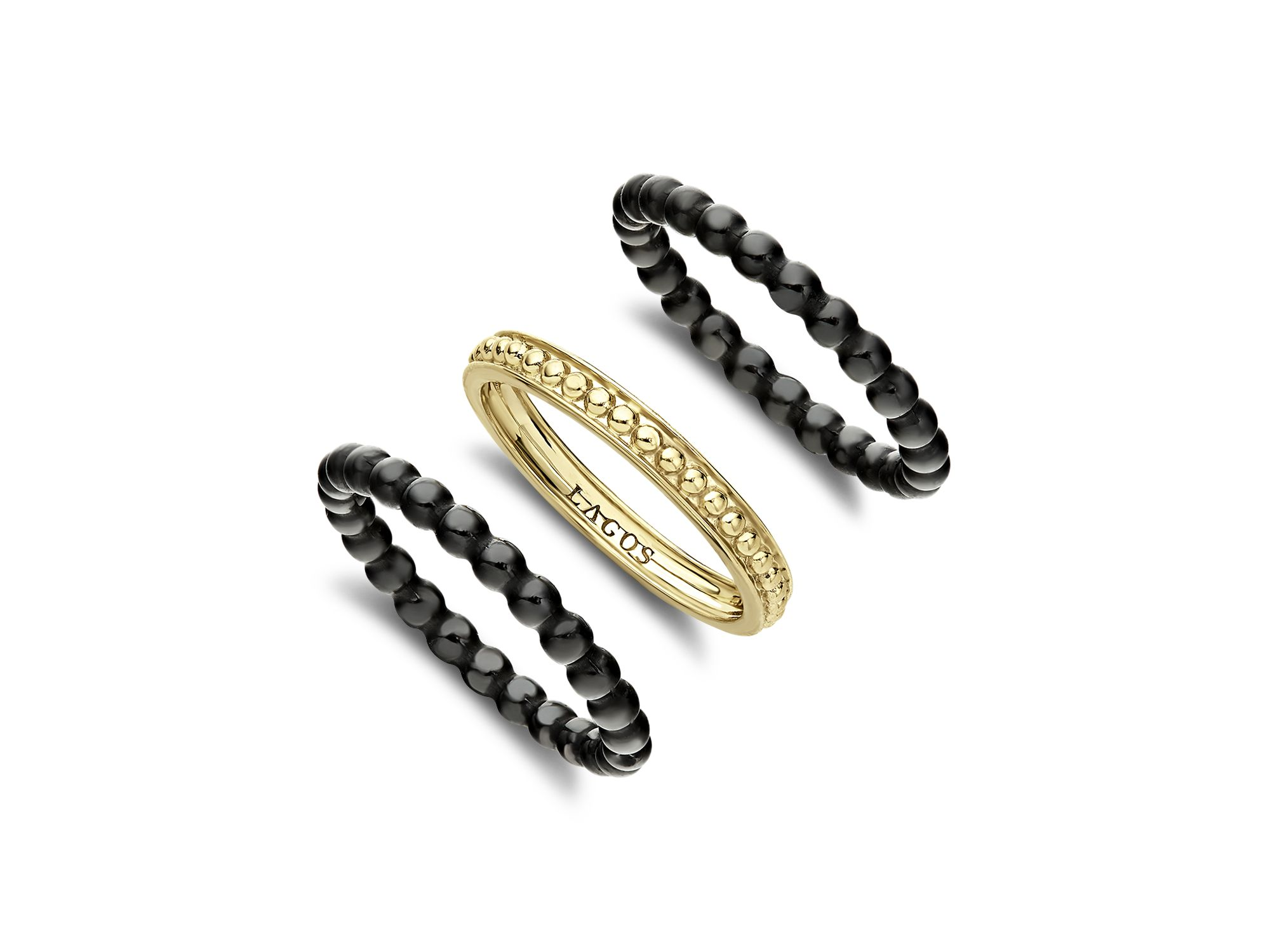 Meridian 18K Yellow Gold Caviar Gold Black Ceramic Stacking Rings, Set of 3 — Image 3