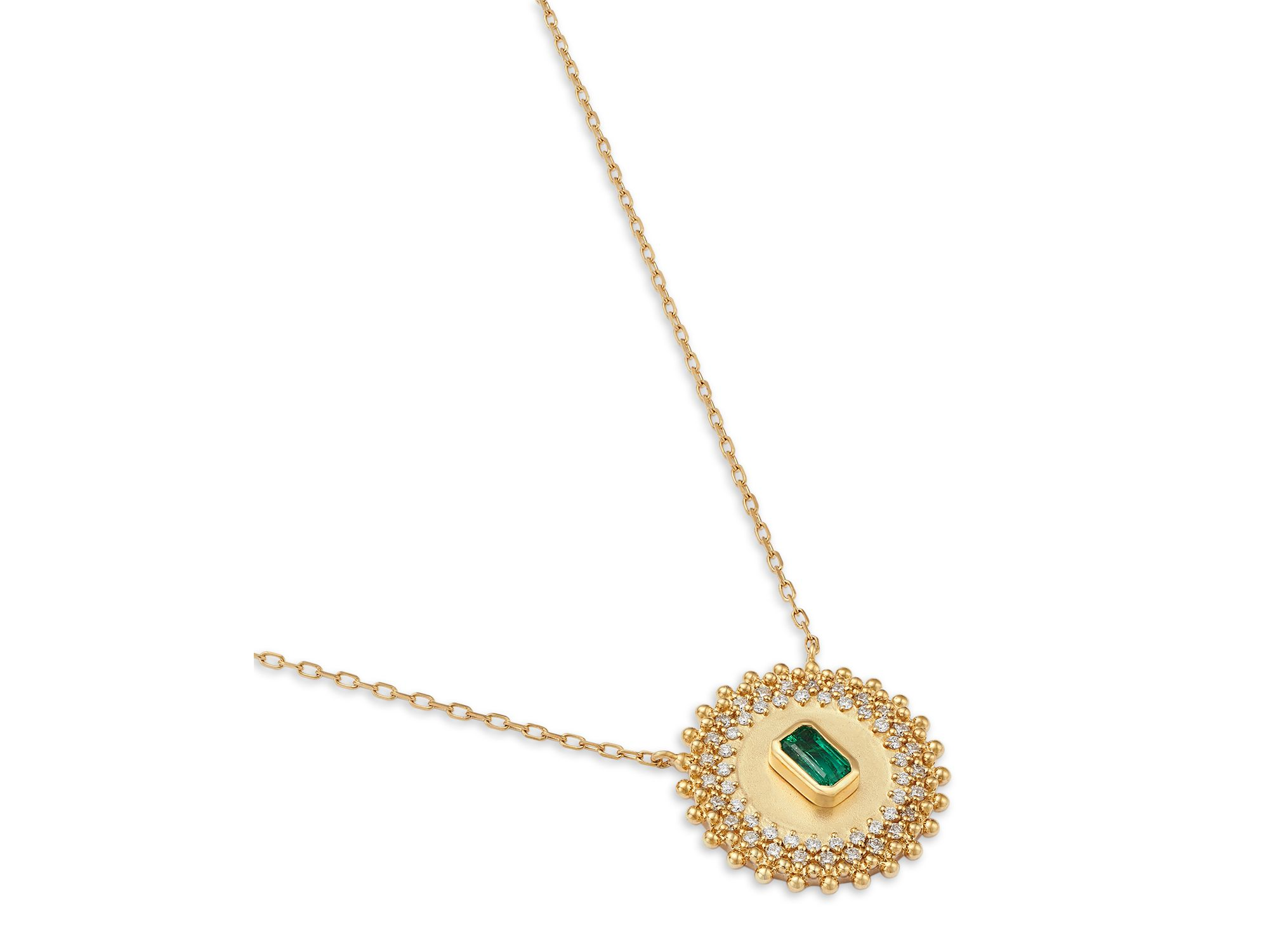 Emerald & Diamond Circle Pendant Necklace in 14K Yellow Gold, 16-17" — Image 3