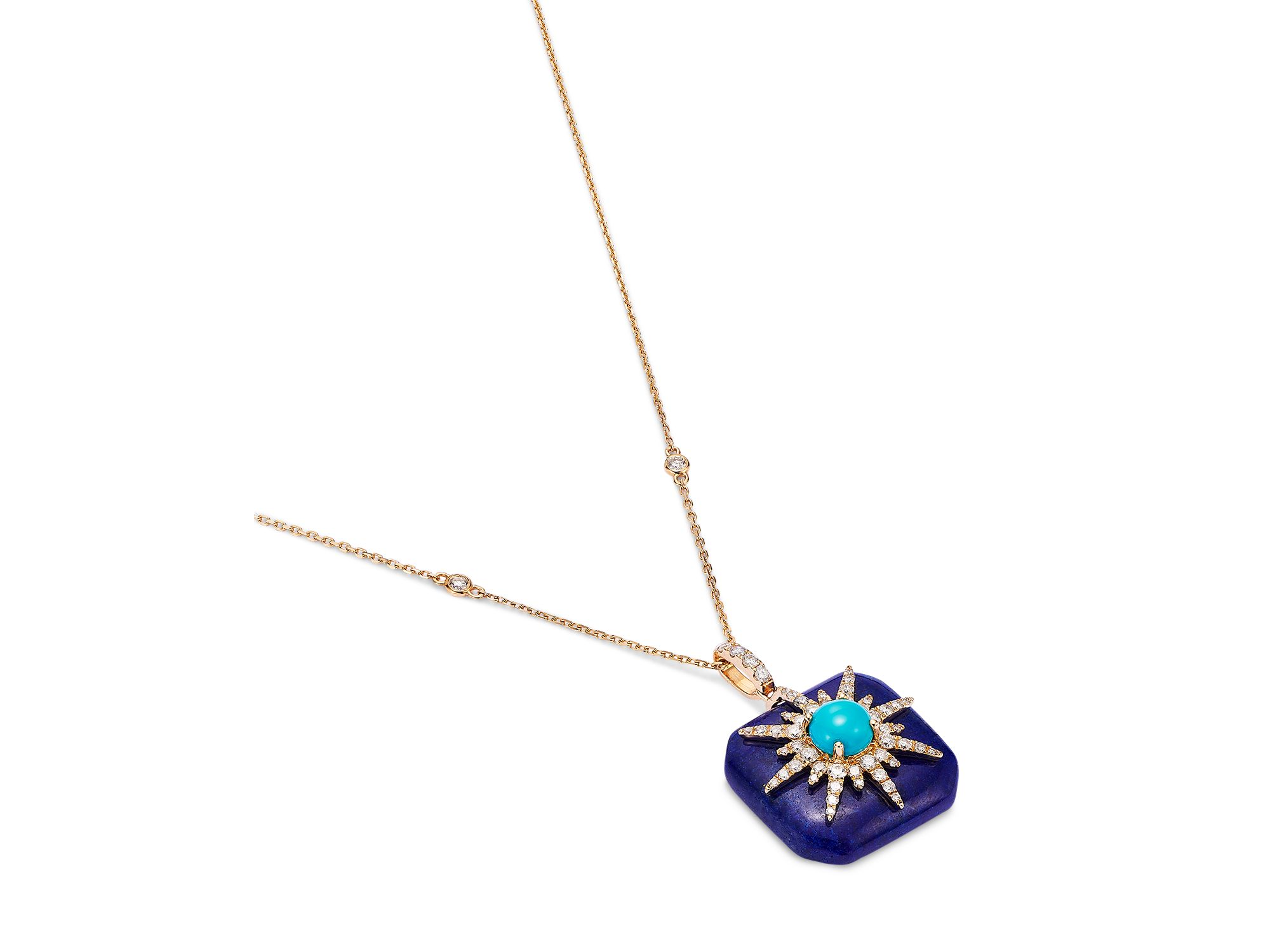 Lapis, Turquoise, & Diamond Starburst Pendant Necklace in 14K Yellow Gold, 18" — Image 4