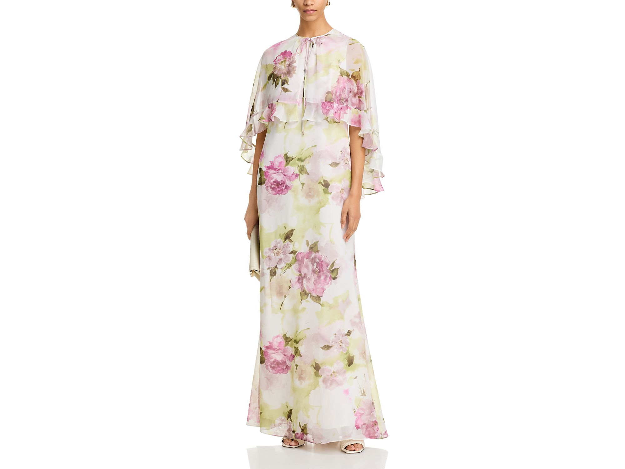 Chiffon Floral Ruffled Capelet Gown — Image 3