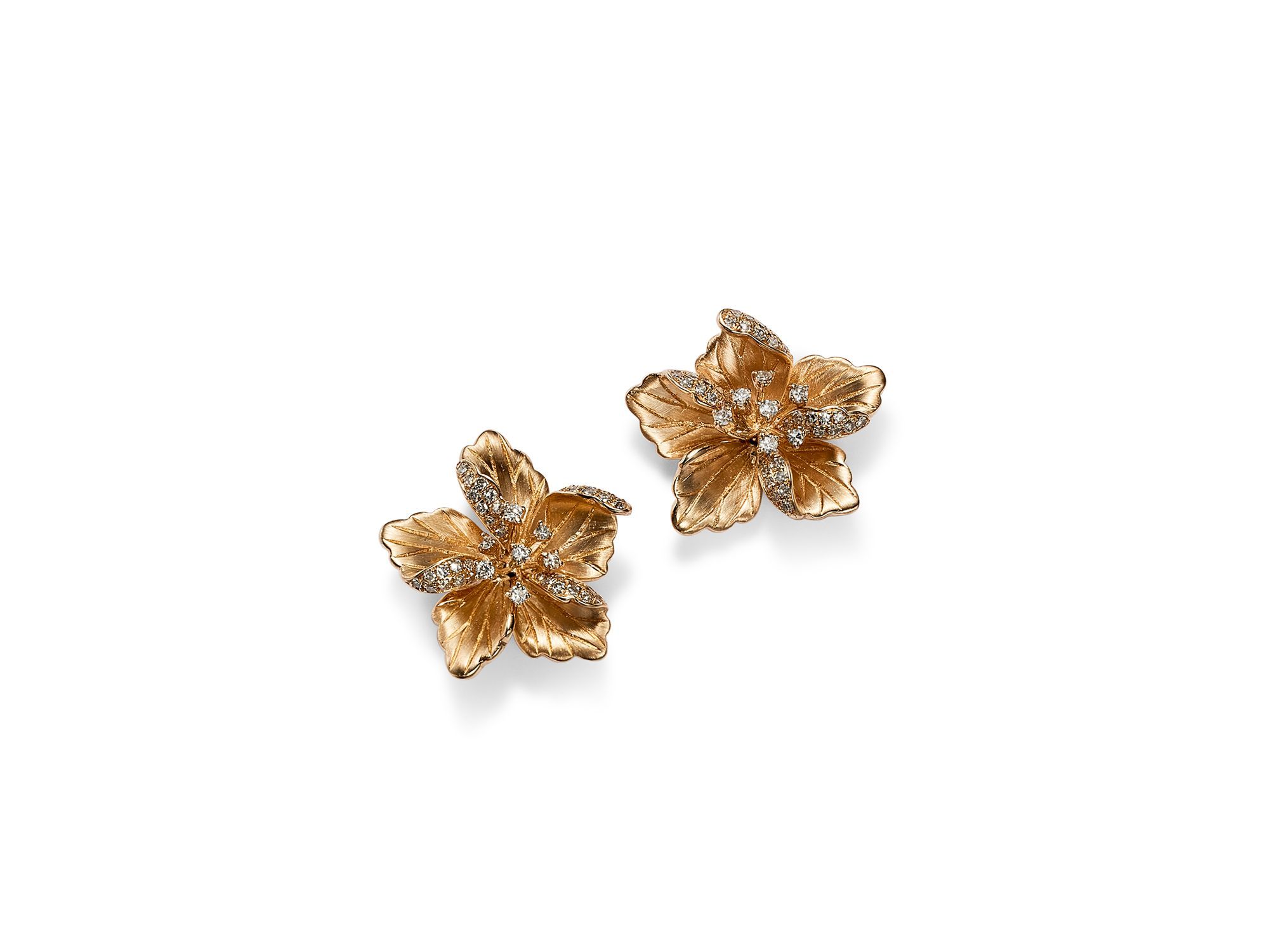 Diamond Flower Earrings in 14K Textured Yellow Gold, 0.30 tcw — Image 4