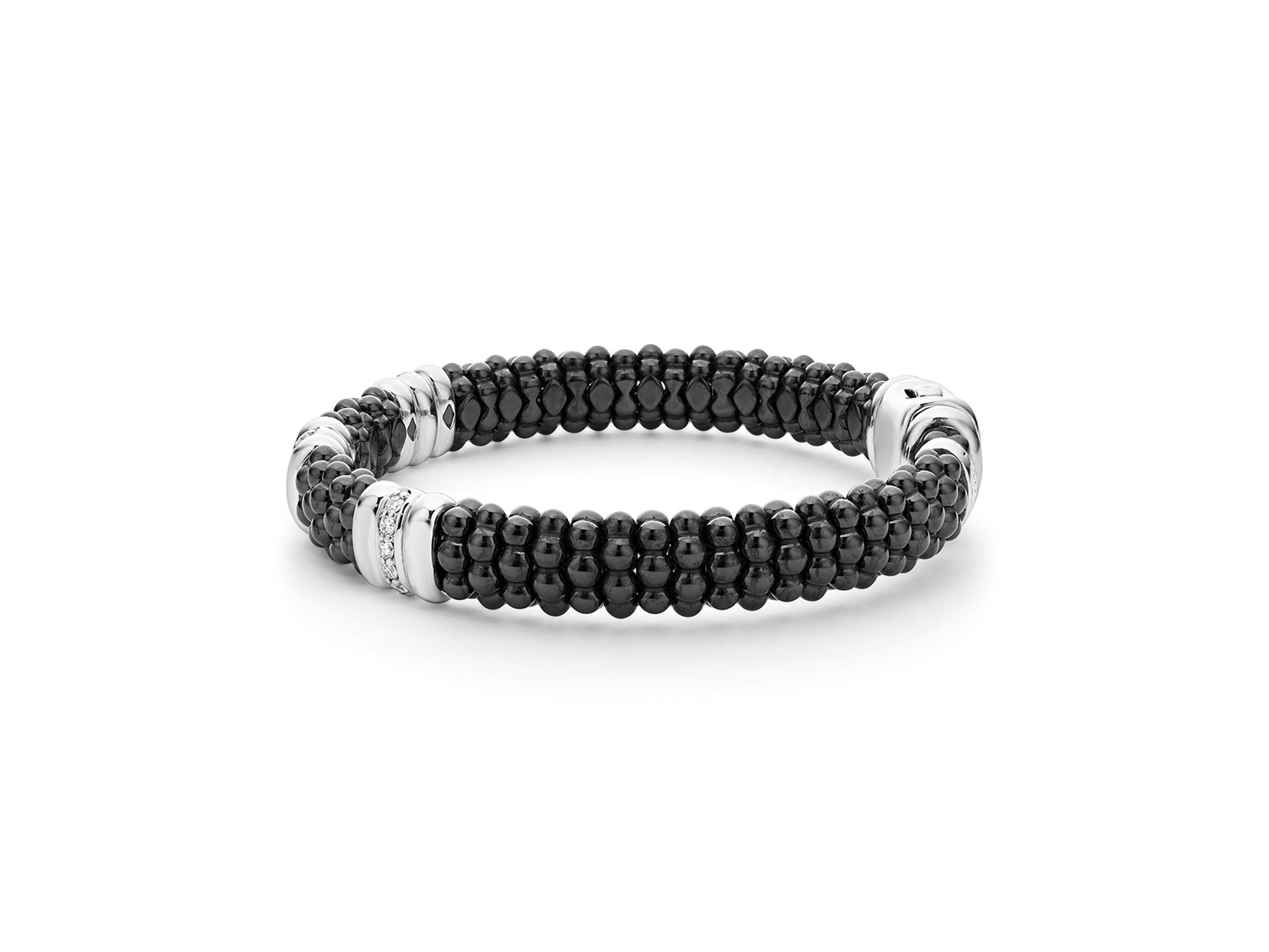 Sterling Silver Black Caviar Black Ceramic & Diamond Rondelle Beaded Bracelet — Image 4