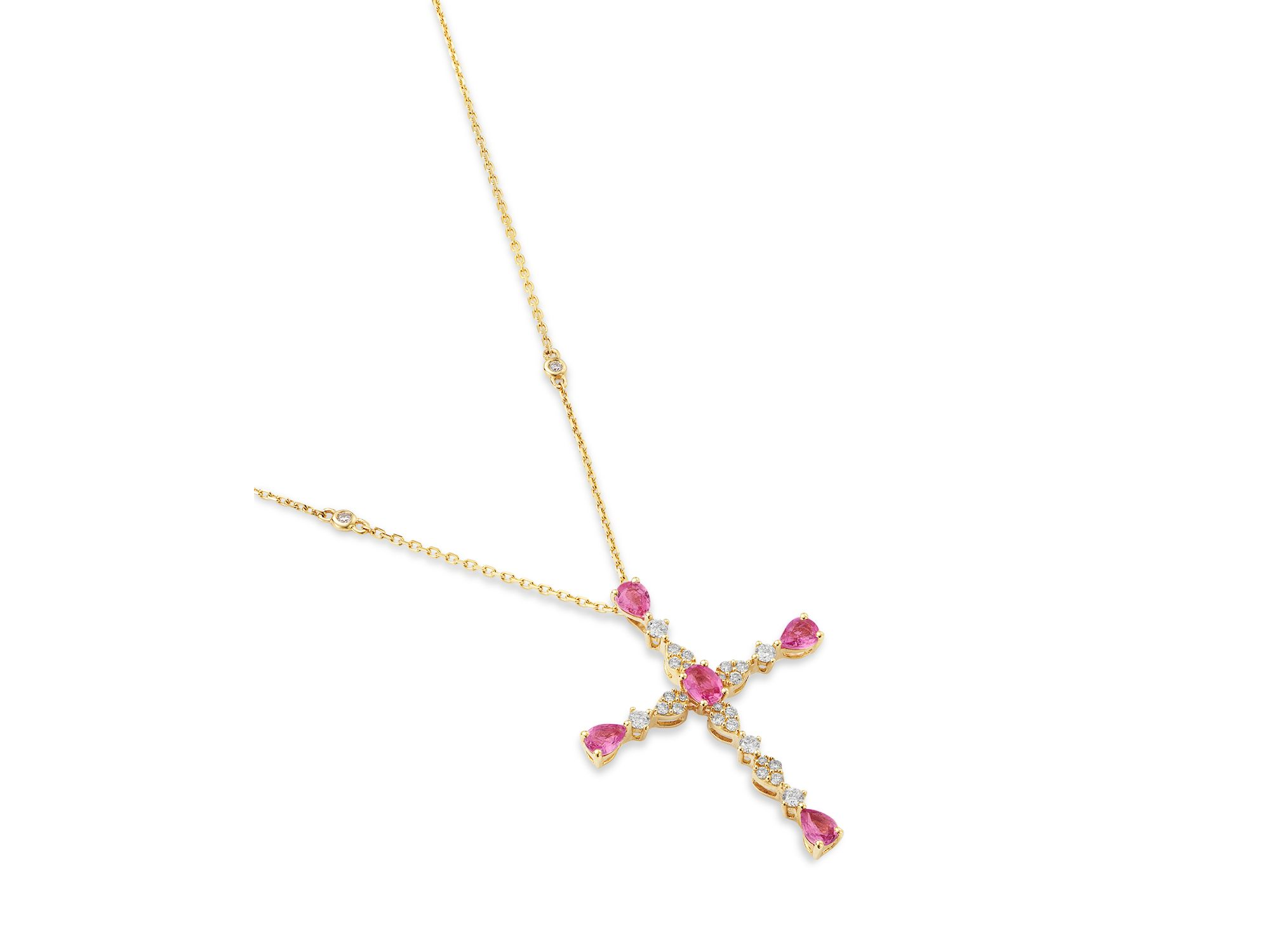 Pink Sapphire & Diamond Cross Pendant Necklace in 14K Yellow Gold — Image 3