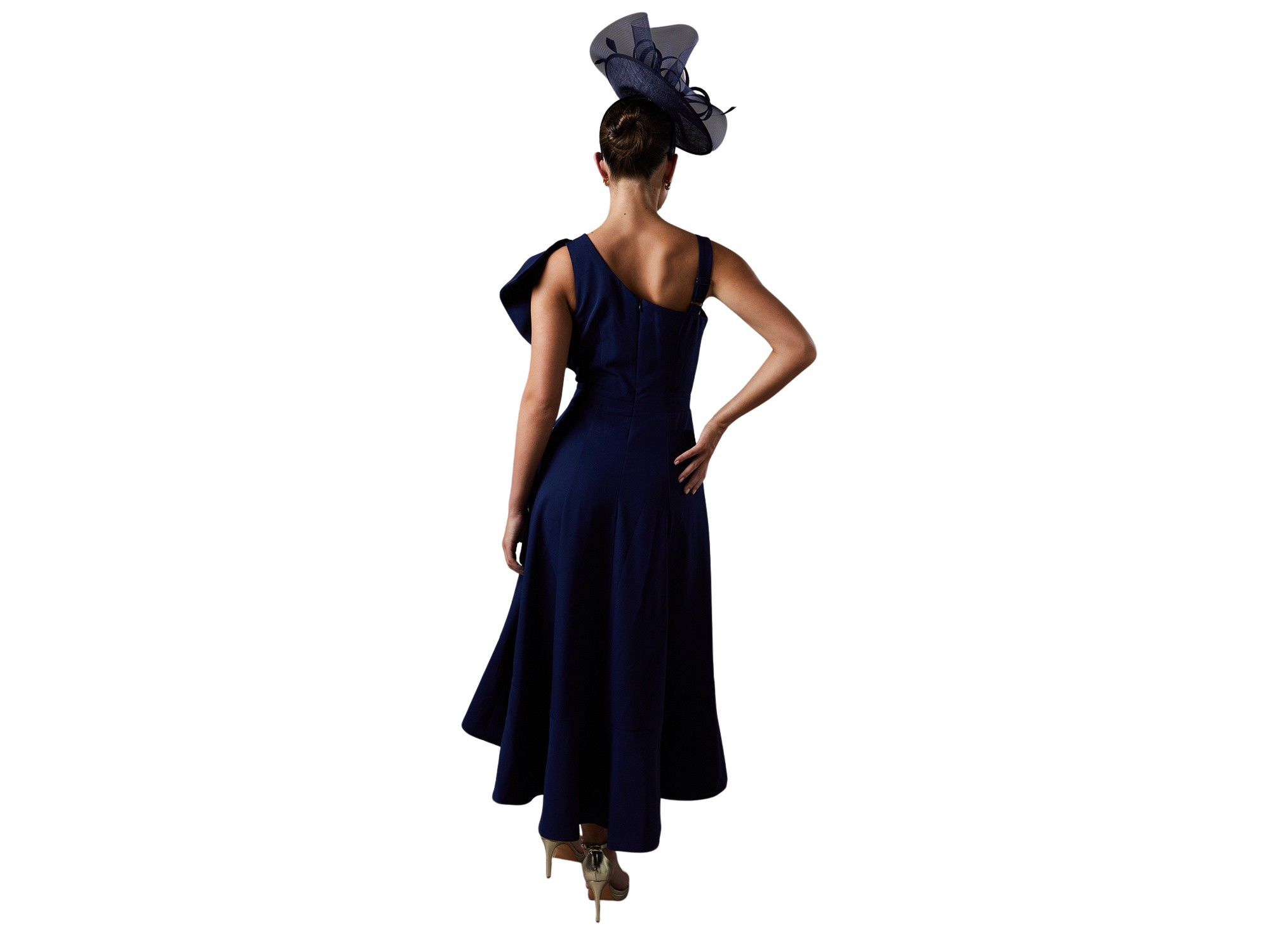 One Shoulder Crepe Ruffle Midi Dress — Image 4
