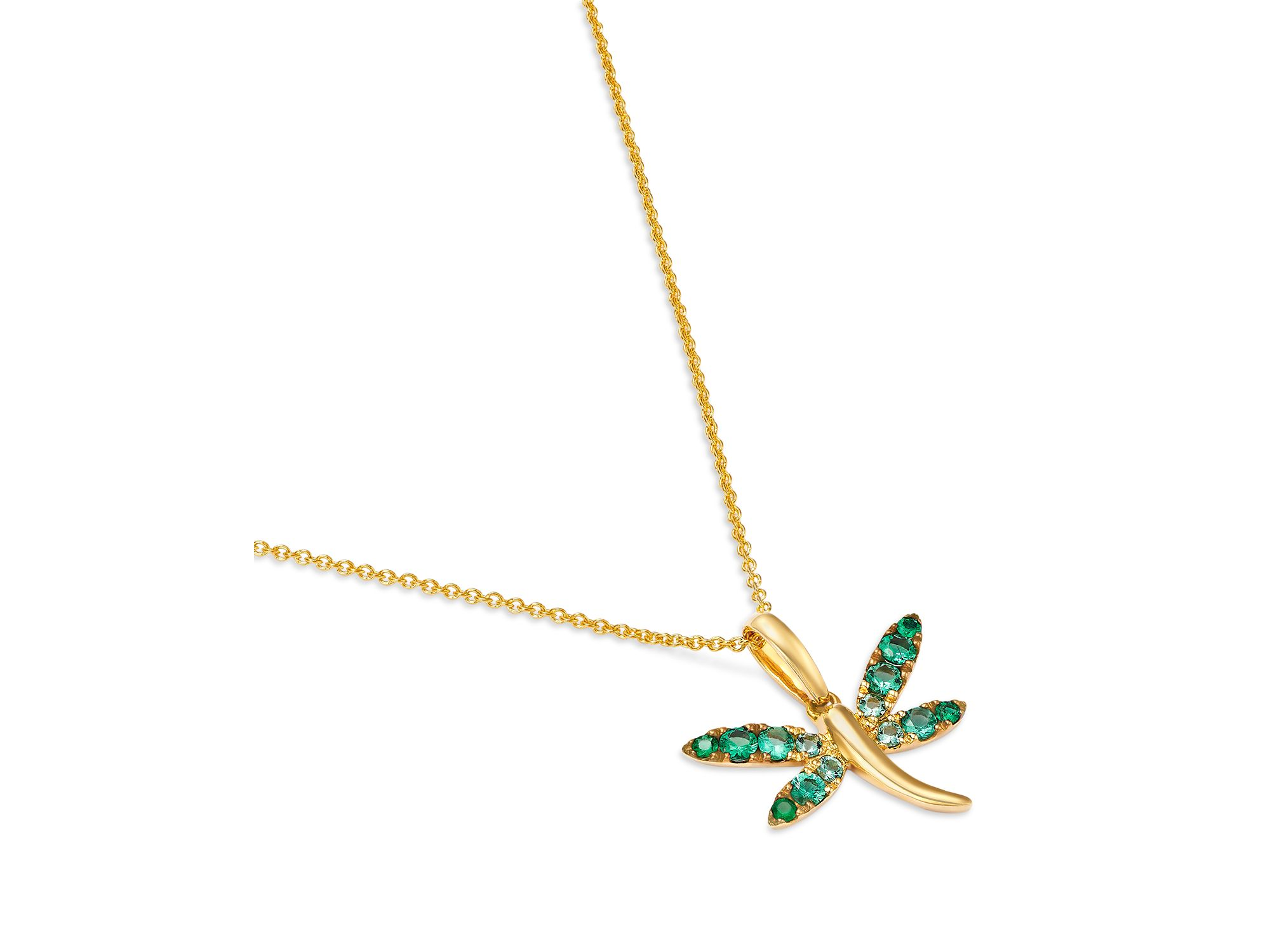 Emerald Ombre Dragonfly Pendant Necklace in 14K Yellow Gold, 20" — Image 3