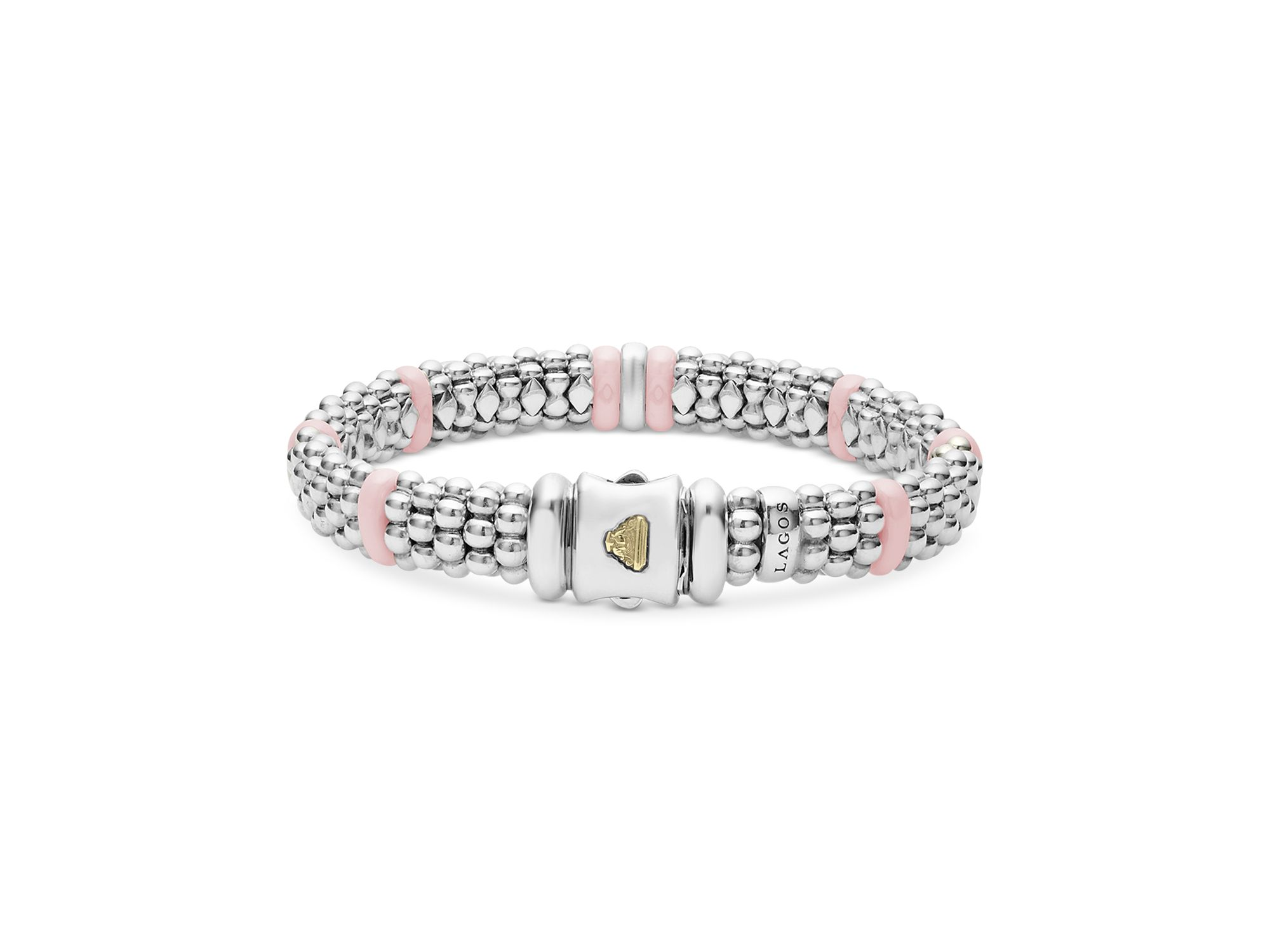 Sterling Silver Pink Caviar Diamond & Pink Ceramic Bead Link Bracelet — Image 5