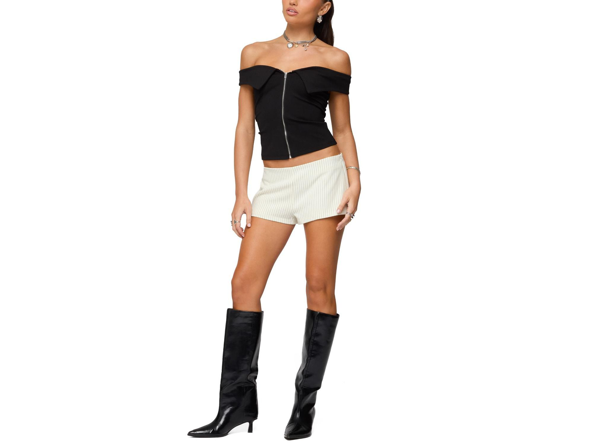 Collared Off Shoulder Zip Up Top — Image 5
