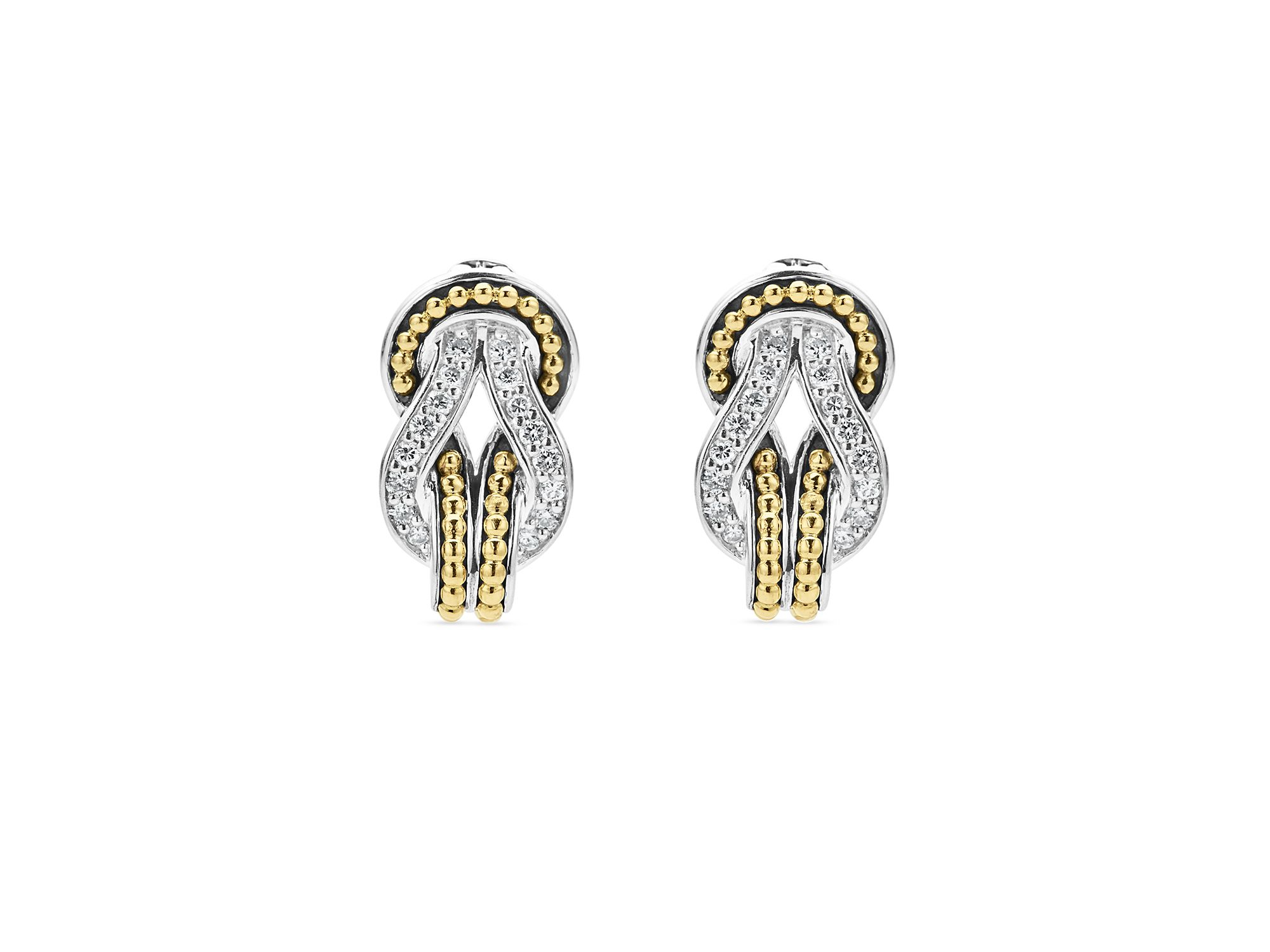 18K Yellow Gold & Sterling Silver Newport Diamond Knot Large Omega Clasp Earrings — Image 3