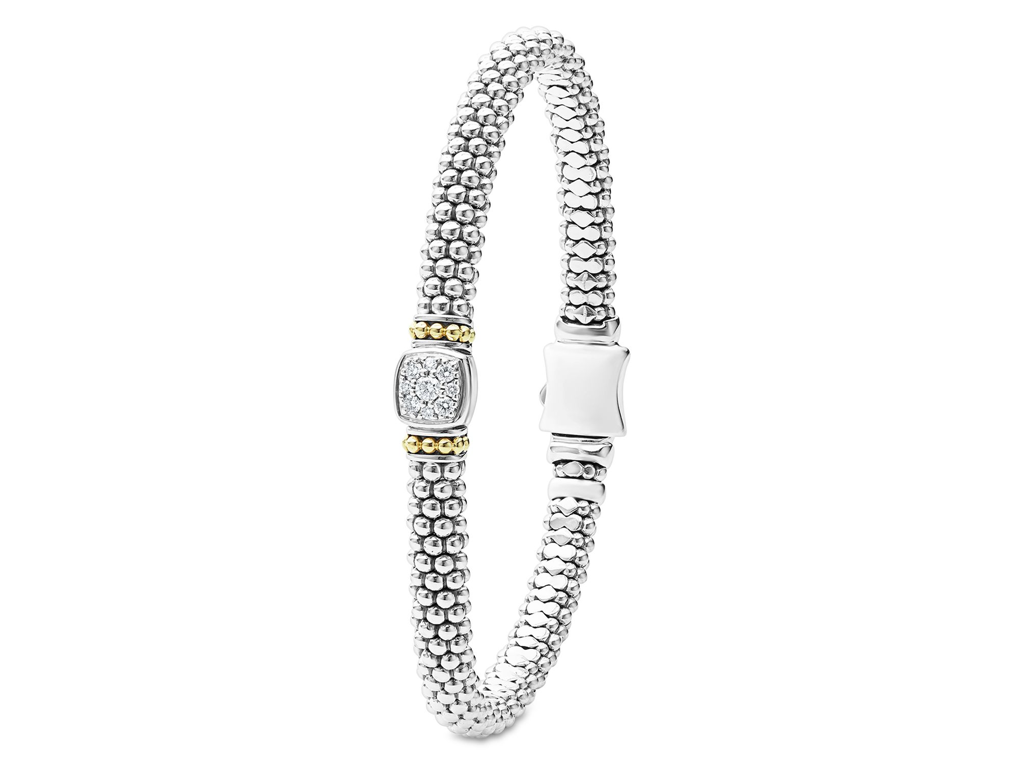 18K Yellow Gold & Sterling Rittenhouse Diamond Cluster Caviar Rope Bead Bracelet — Image 3