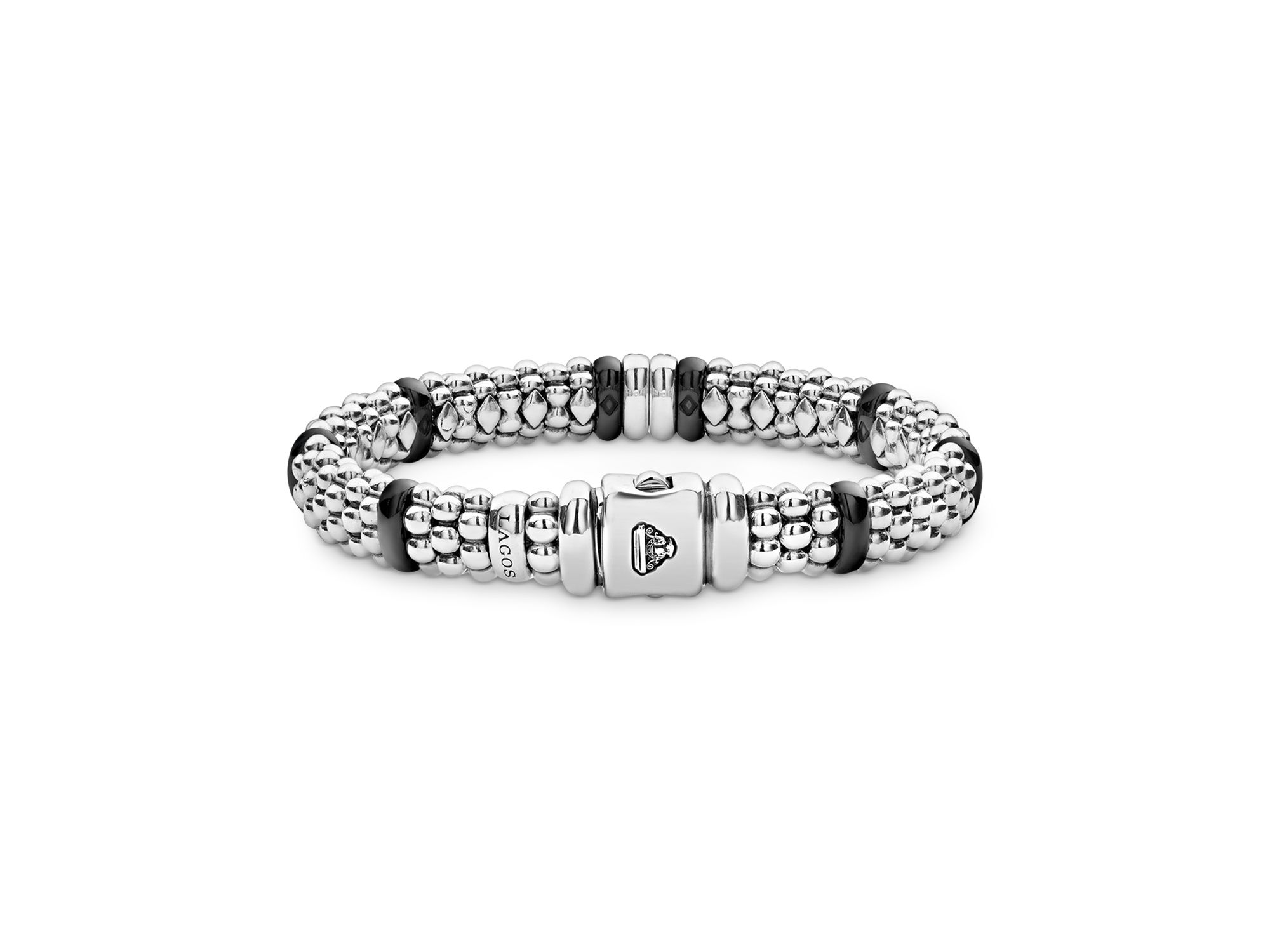 Sterling Silver & Ceramic Caviar Beaded Diamond Station Bracelet — Image 5