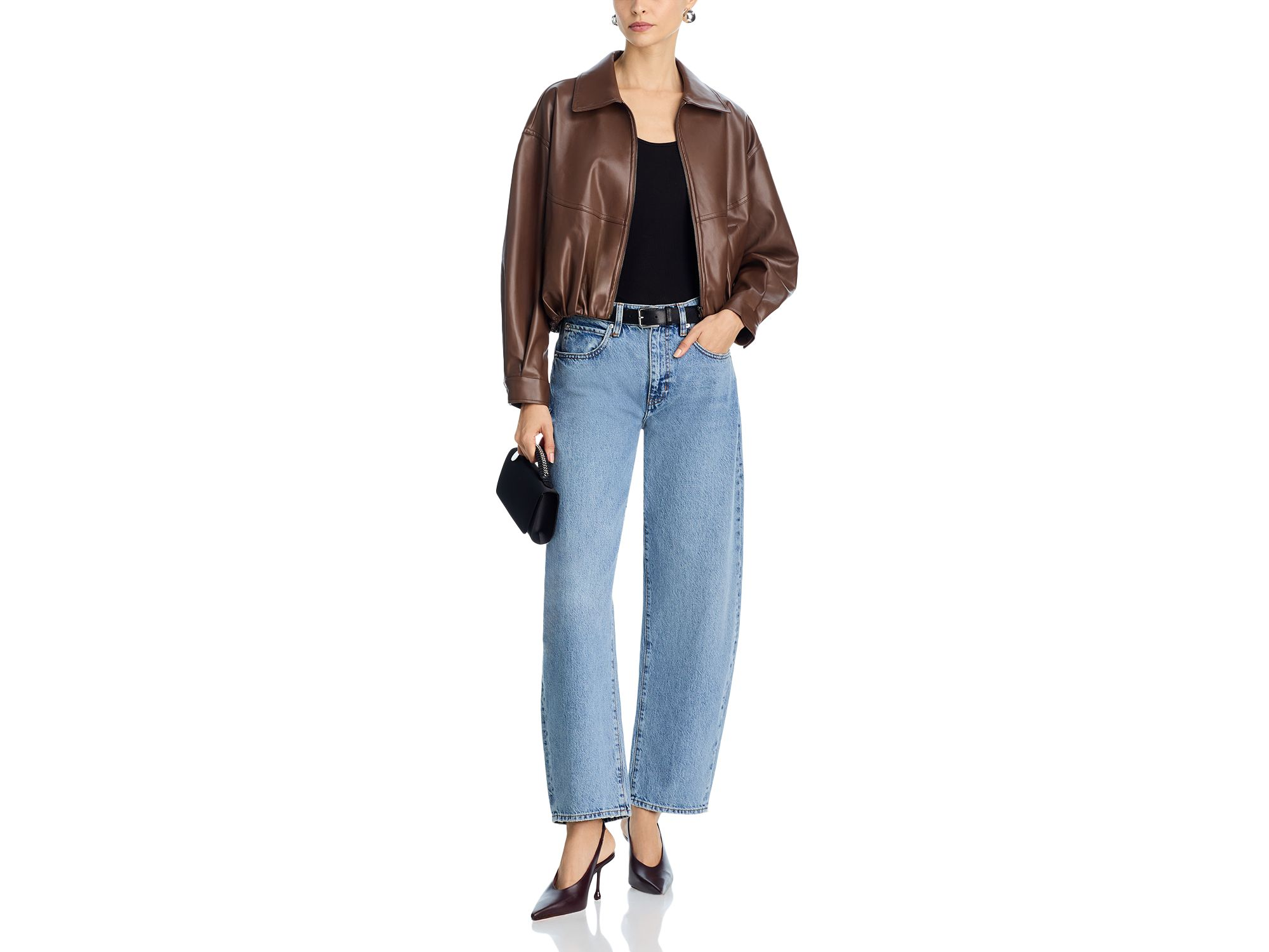 Faux Leather Bubble Hem Bomber Jacket - Exclusive — Image 5
