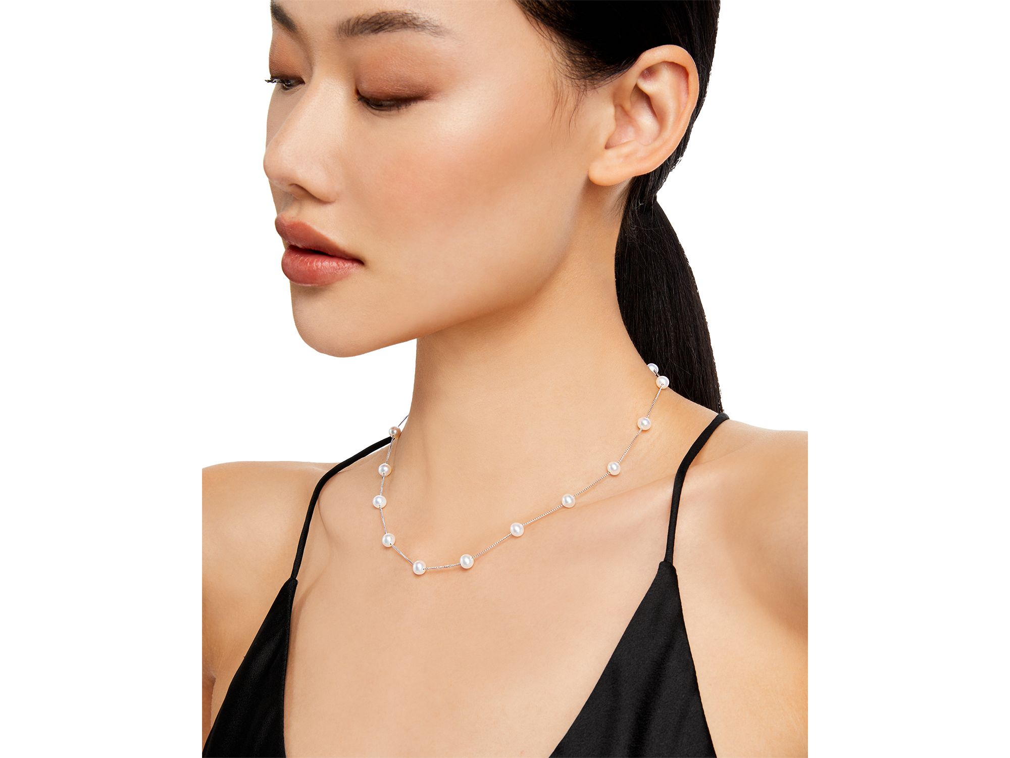 Cultured Freshwater Pearl Station Necklace in 14K White Gold, 16" — Image 3