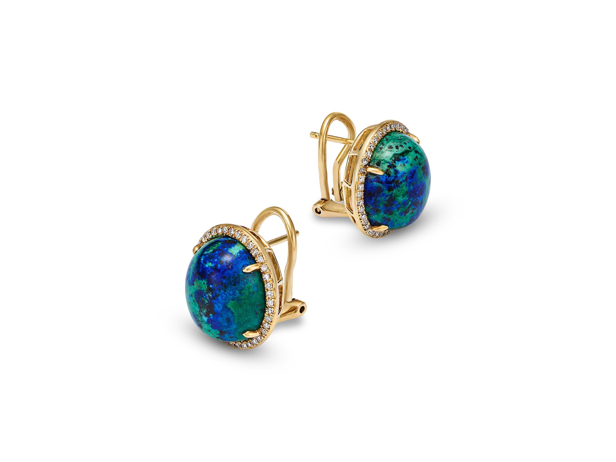 Azurite Malachite & Diamond Halo Stud Earrings in 14K Yellow Gold — Image 3