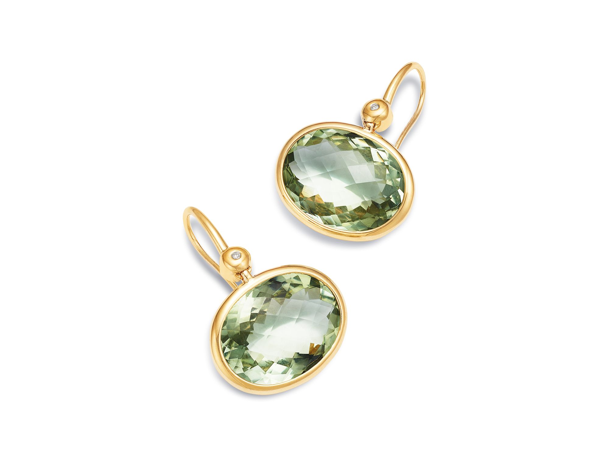 Prasiolite & Diamond Oval Drop Earrings in 14K Yellow Gold — Image 3