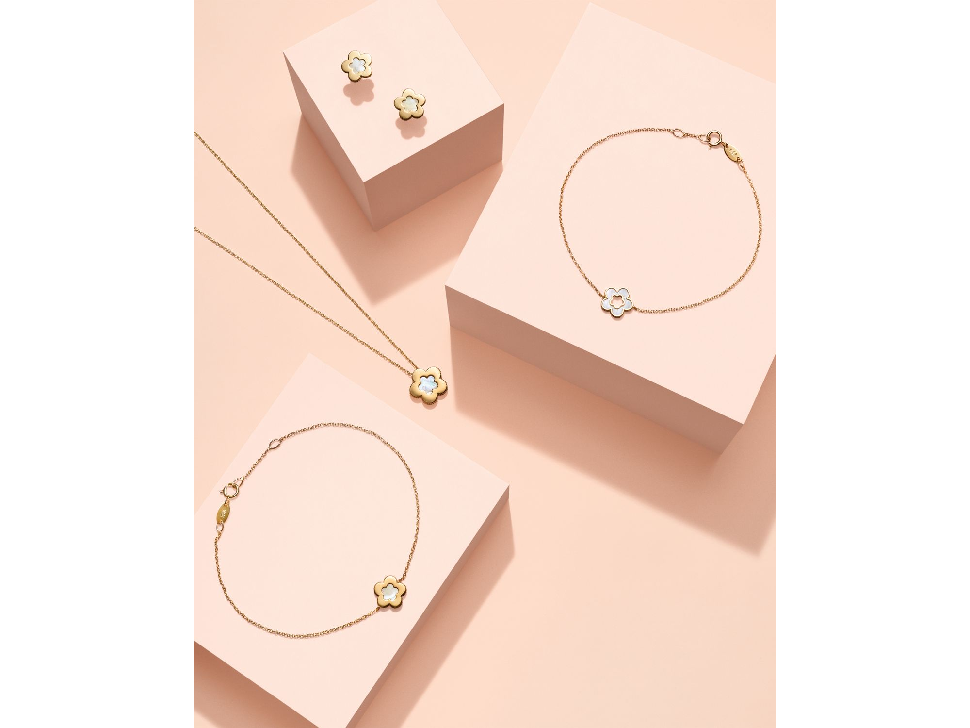 Mother of Pearl Flower Stud Earrings in 14K Yellow Gold — Image 3