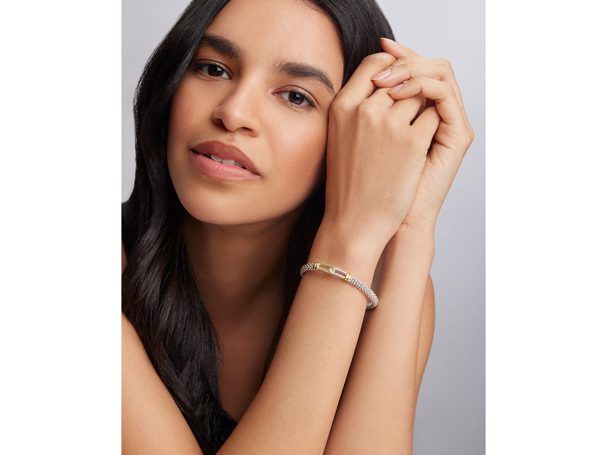 18K Yellow Gold & Sterling Silver Caviar Lux Diamond Interlocking Loop Caviar Bead Clip Bracelet - Exclusive — Image 3