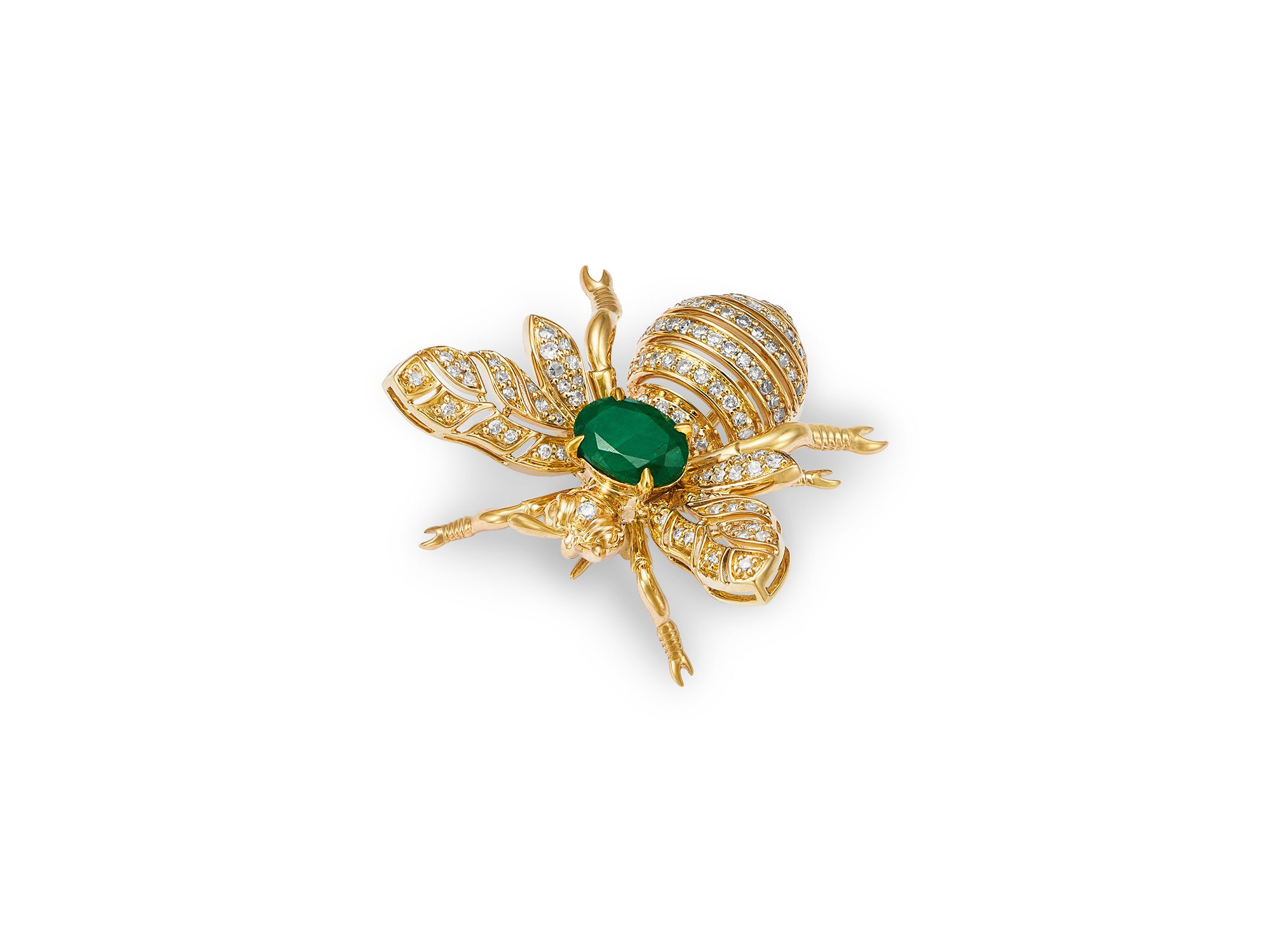 Emerald & Diamond Bee Brooch in 14K Yellow Gold — Image 3