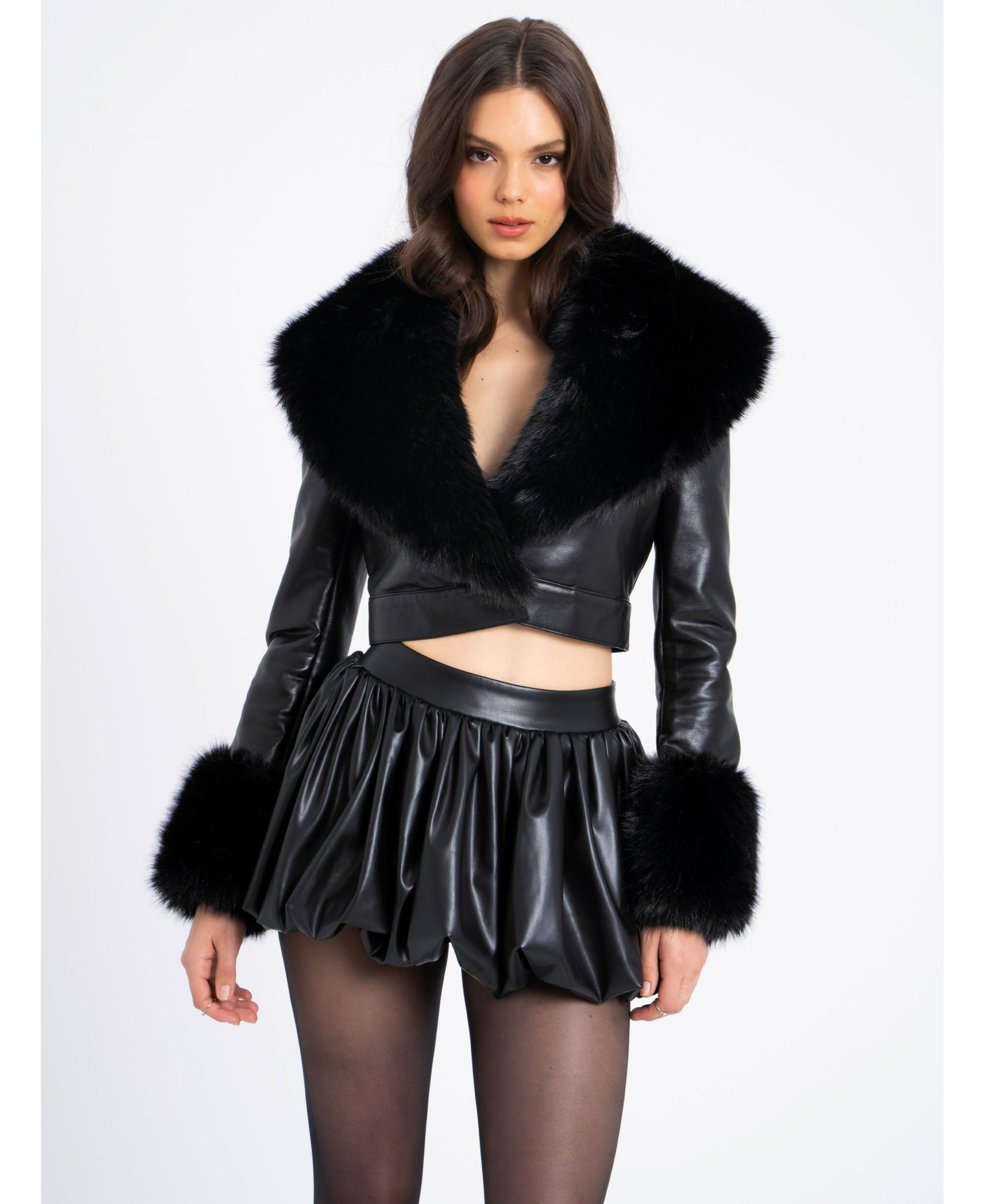 Ziah Cropped Faux Leather Jacket with Fur Collar — Image 4
