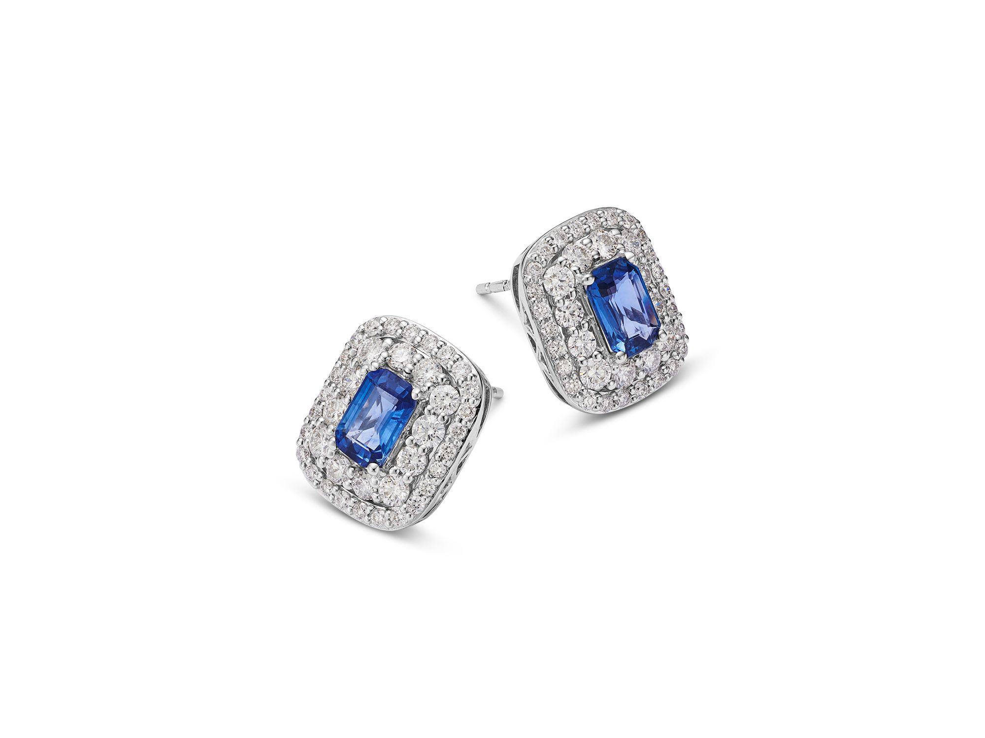 Sapphire & Diamond Double Halo Statement Stud Earrings in 14K White Gold — Image 3