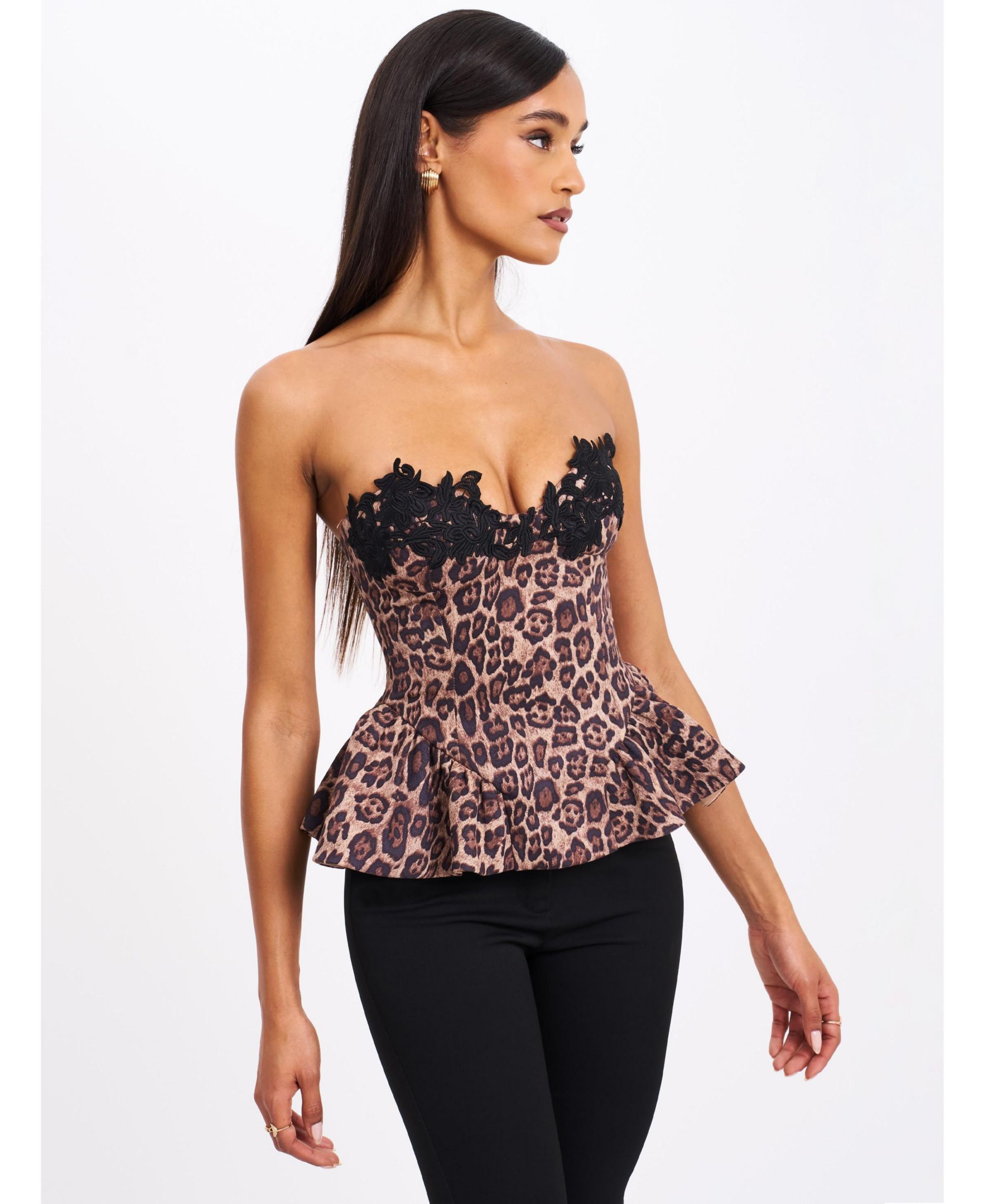 Qiara Cheetah Print Peplum Top with Lace Trim — Image 3