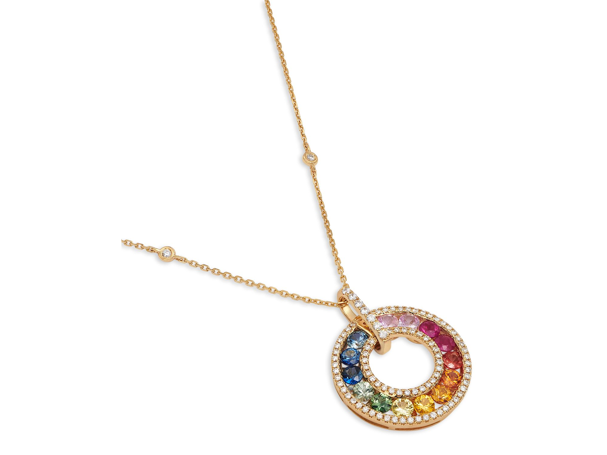 Rainbow Sapphire & Diamond Circle Pendant Necklace in 14K Yellow Gold, 18" — Image 3