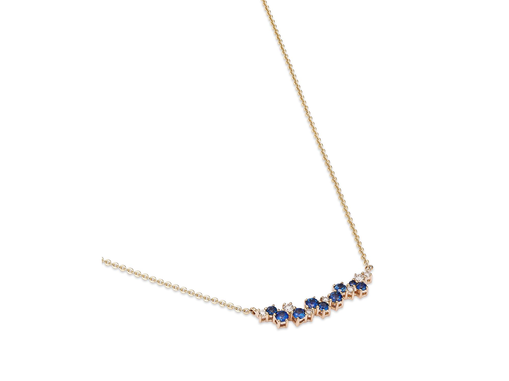 Blue Sapphire & Diamond Curved Bar Necklace in 14K Yellow Gold, 18" — Image 3