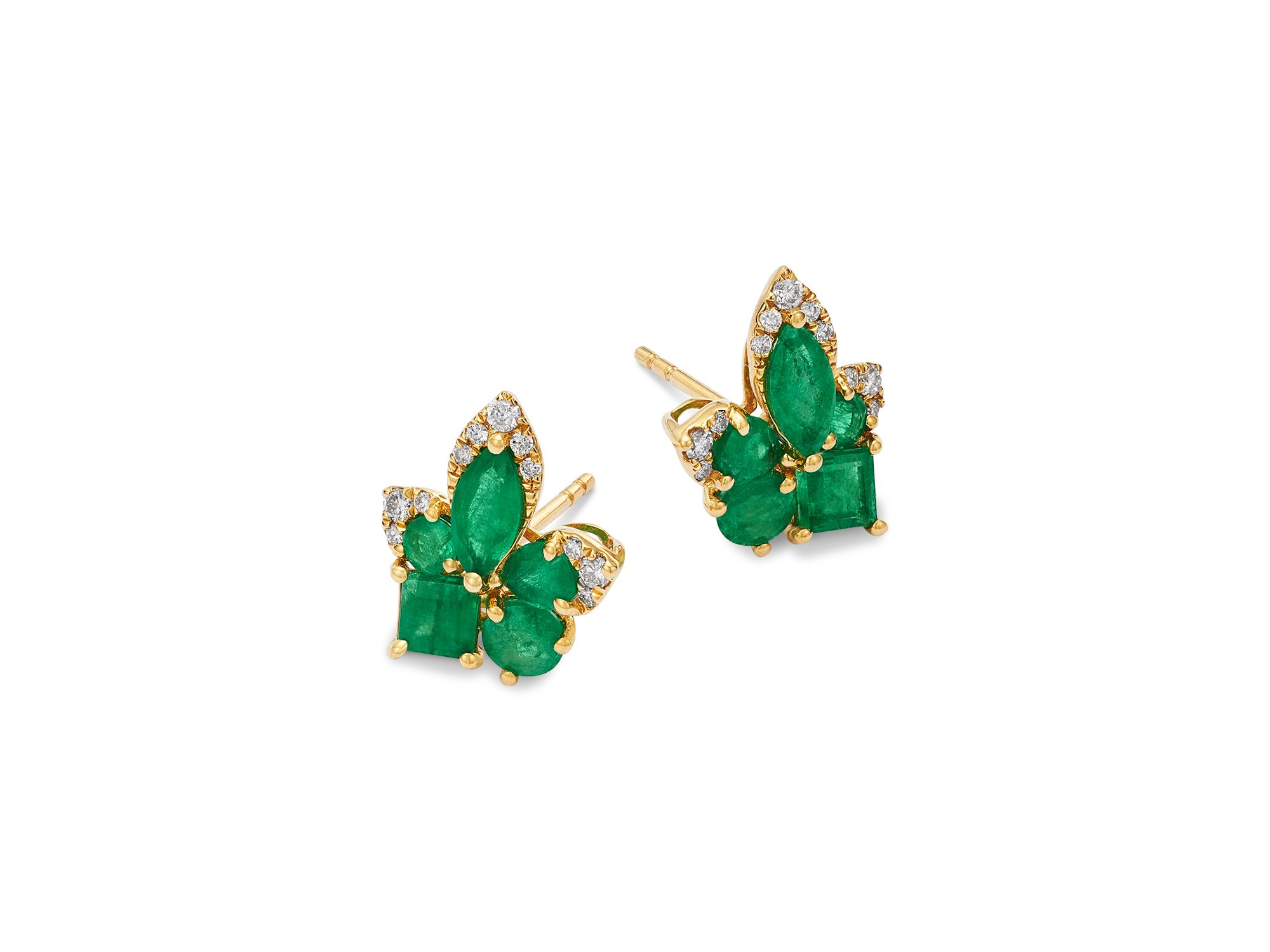 Emerald & Diamond Flower Cluster Stud Earrings in 14K Yellow Gold — Image 3