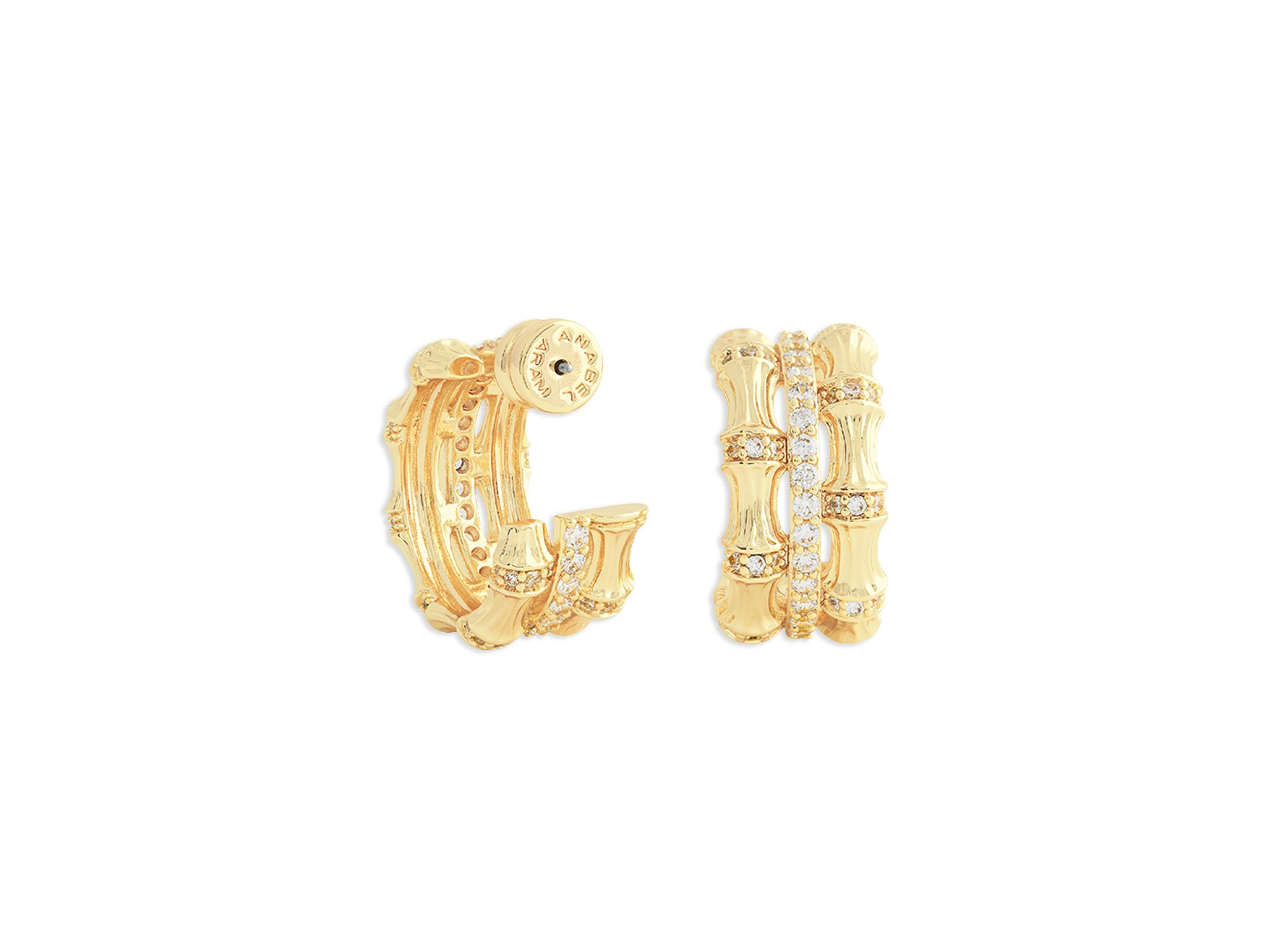 Pavé Bamboo Stacked Half Hoop Earrings in 18K Gold Plated — Image 4