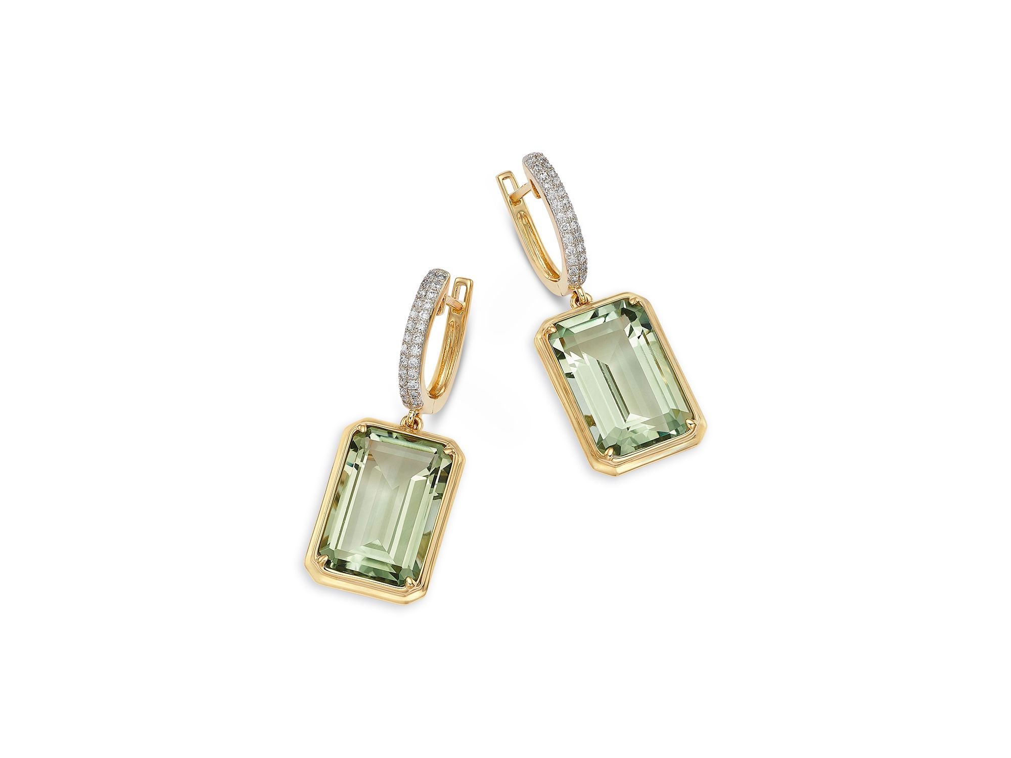 Prasiolite & Diamond Drop Earrings in 14K Yellow Gold — Image 3